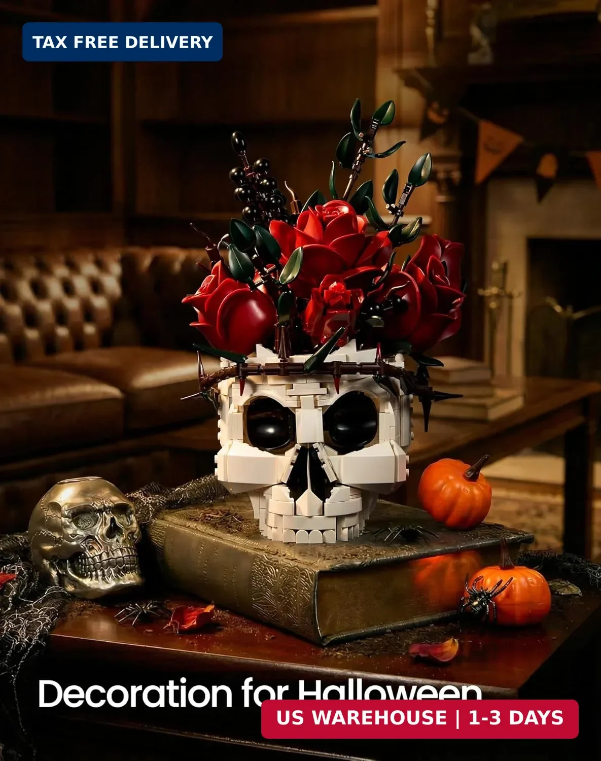 Gothic Skull Rose Flower Bouquet Building Set – Horror Skeleton Botanical Brick