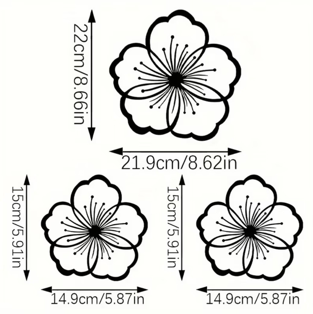Set of 3 Black Metal Flower Wall Decor – Floral Garden Fence Art Indoor Outdoor