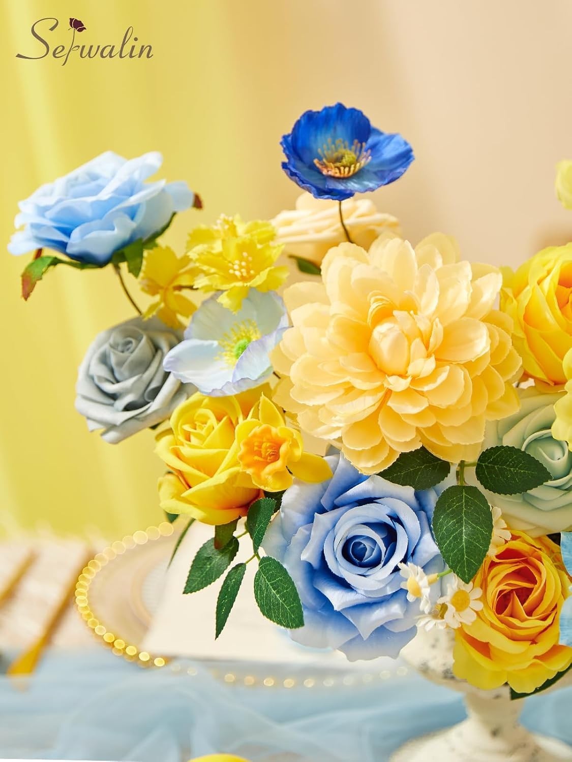 Artificial Flowers Blue Yellow Silk Floral Decor for Wedding Party Home