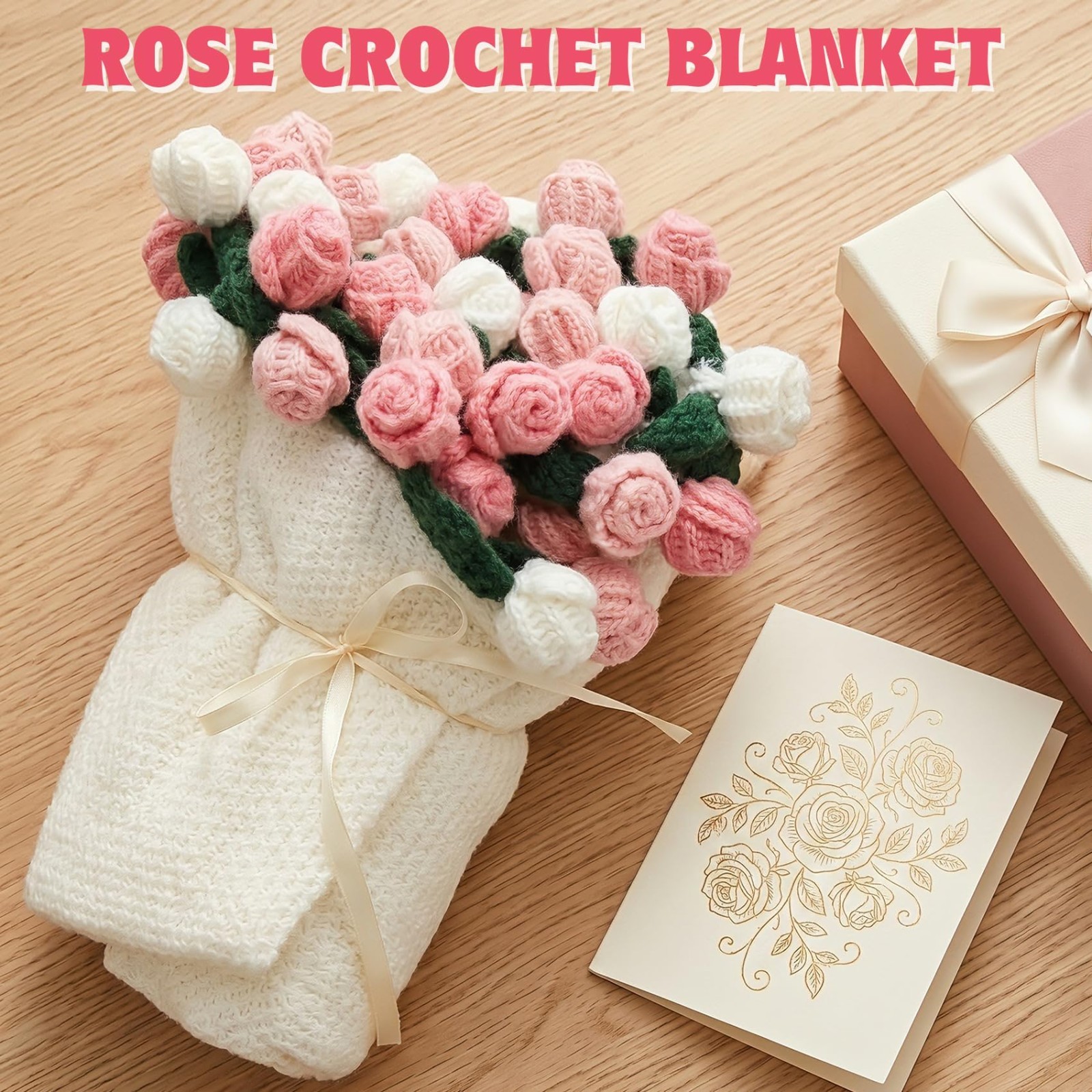43-Inch Hand-Crocheted Rose Flower Bouquet Blanket – Romantic Gift for Home Deco