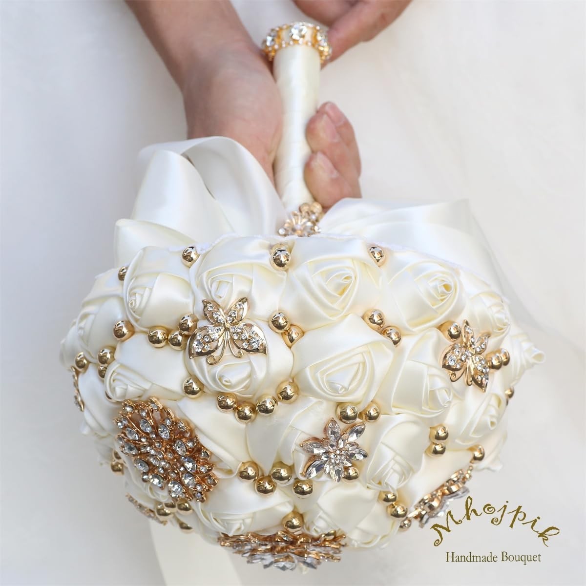 Bridal Wedding Artificial Rose Flower Bouquet For Bridesmaid Ivory 7.1″