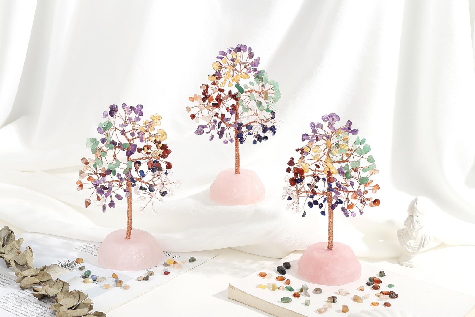 7.09 Inch 7 Chakra Crystals Healing Stones Rose Quartz Copper Wire Tree Desk