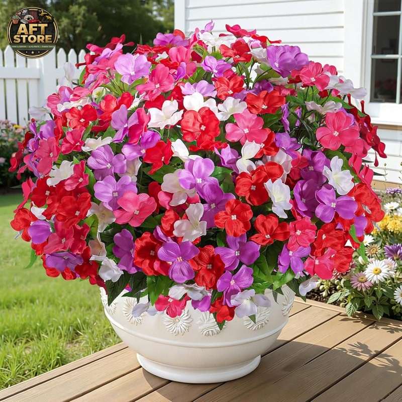 Primrue 8 Bundles Faux Silk Impatiens Flowers – Red, White, Purple