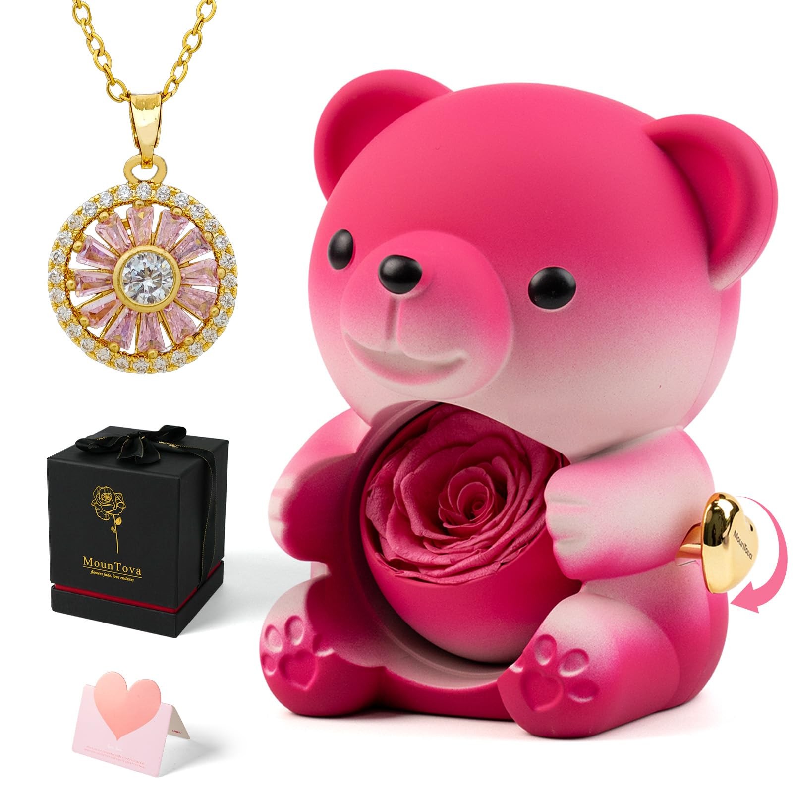 Cute Teddy Bear with Preserved Rose and Necklace, Elegant Bear Roses Gifts wi…