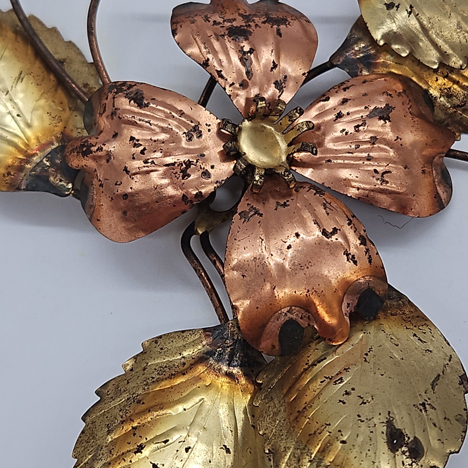 Gold Tone Brass & Copper Flower Roses Leaf Metal Wall Hanging Decor Set