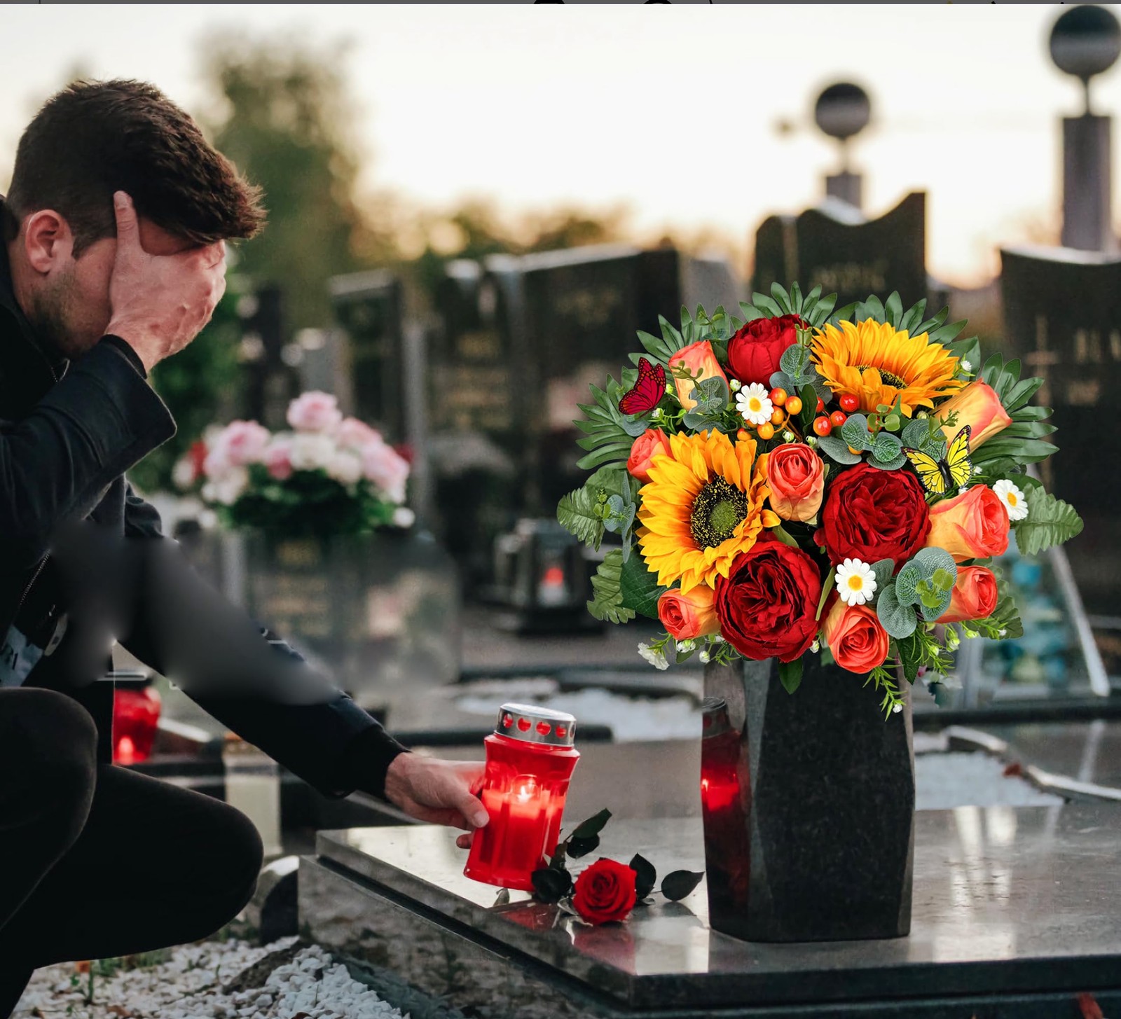 Artificial Cemetery Flowers for Outdoor Grave Decorations，Memorial Flower- Re…
