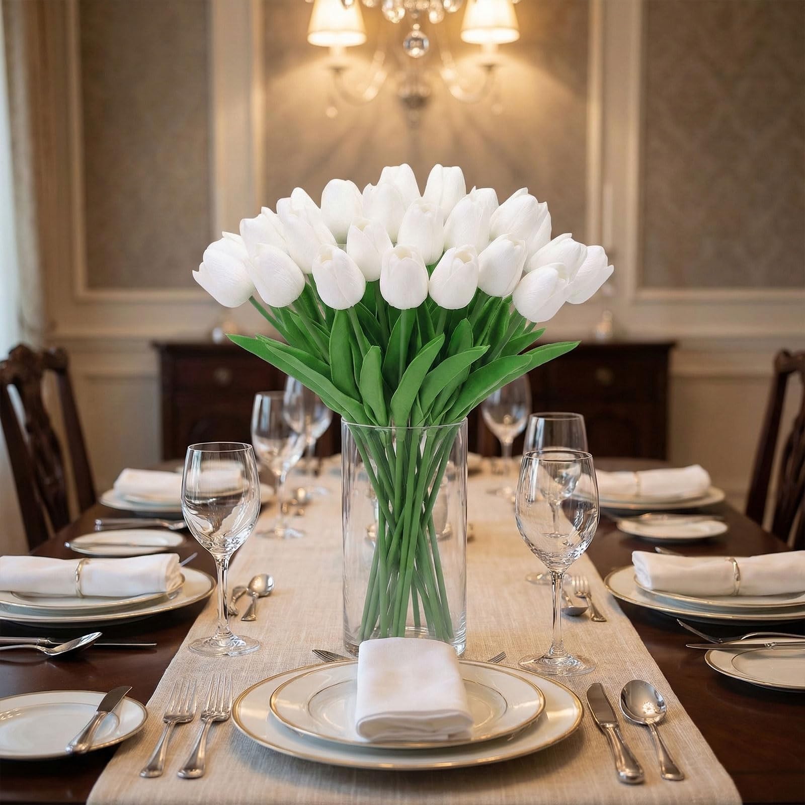 20 PCS White Tulip Artificial Flower 13.8 Inch PU Fake Bouquet Wedding Decor