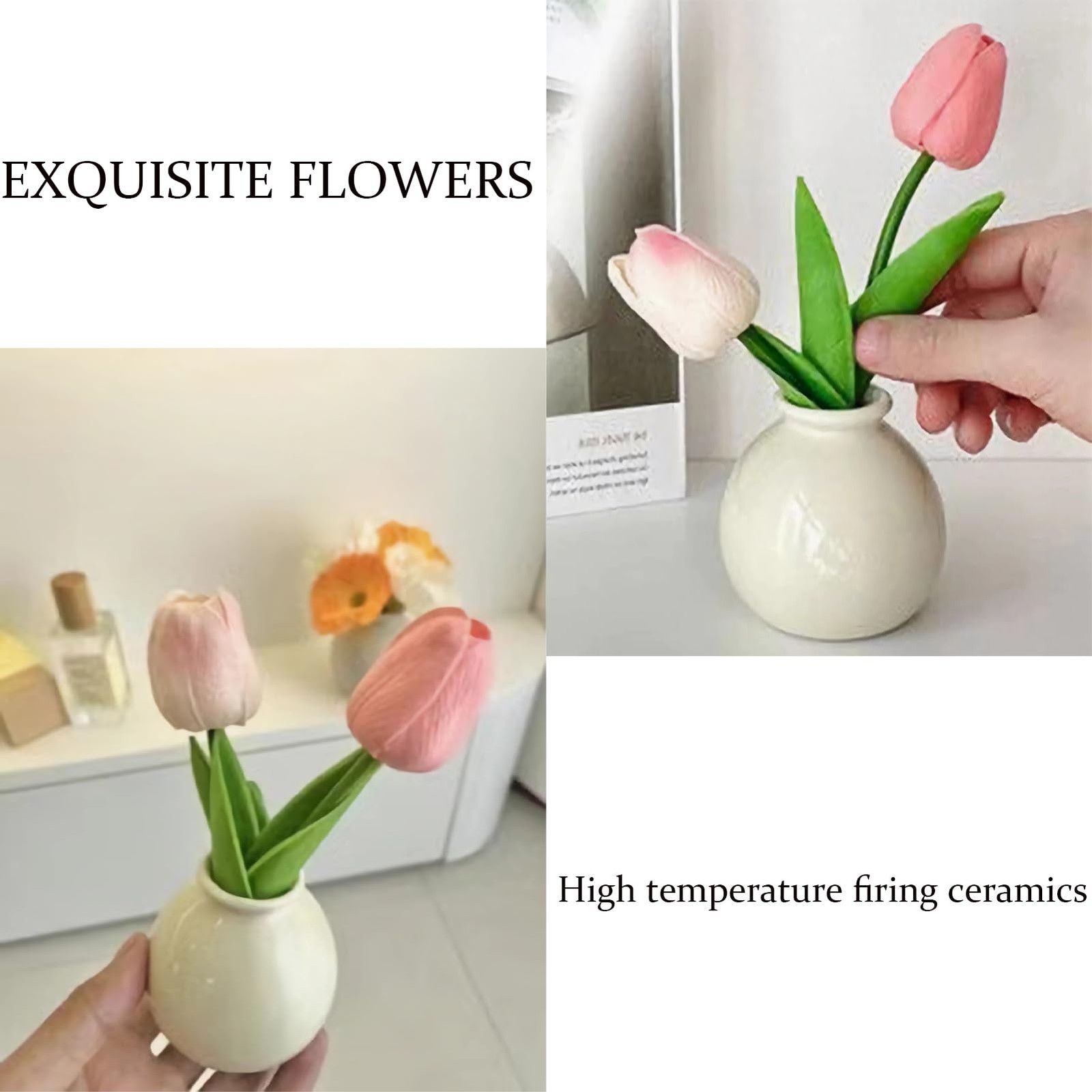 Artificial Tulip Flowers,Table White Ceramic Vase Pink Green Leaf Dried Flowe…