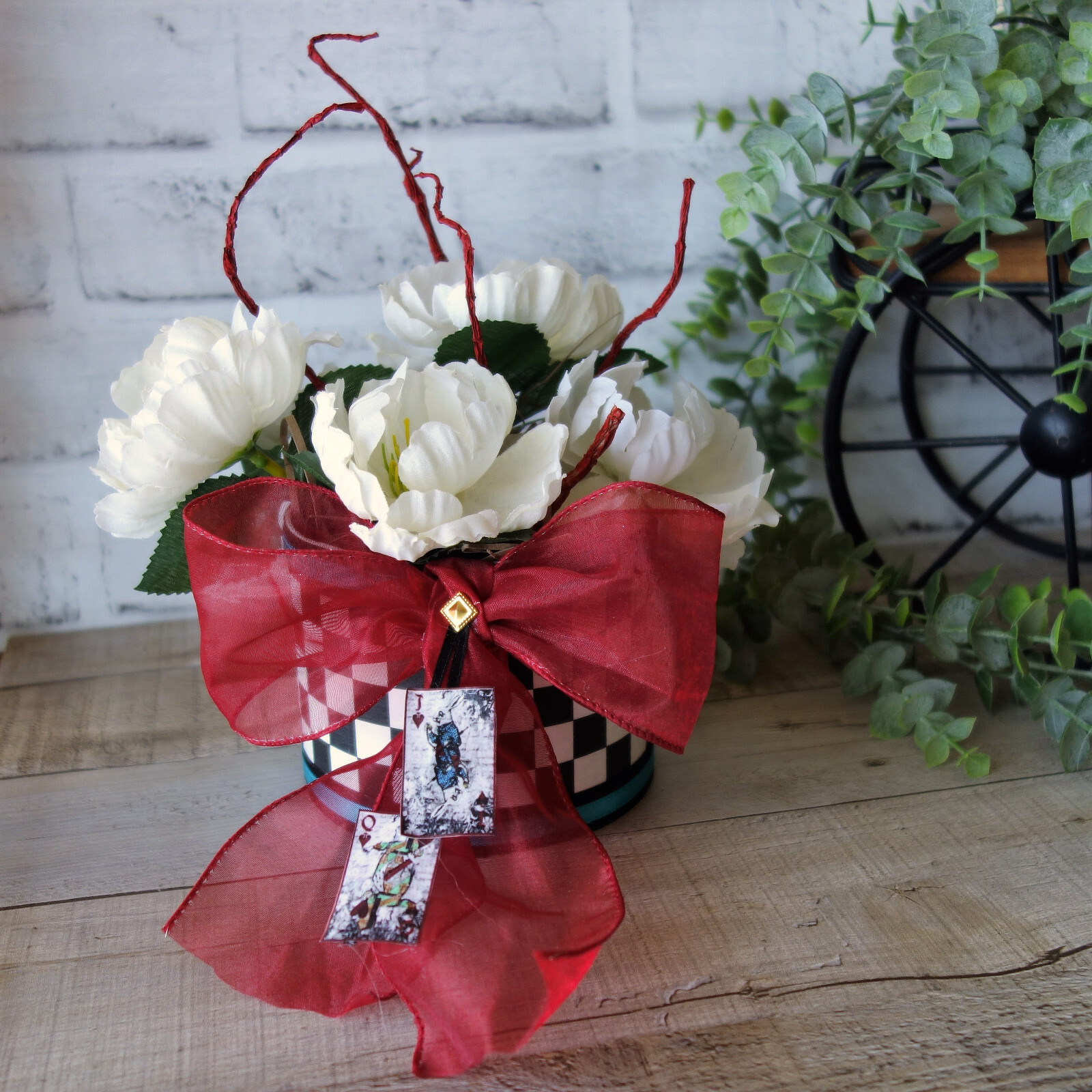 Whimsical Checks Floral Arrangement Handmade Checkered Decor Checkerboard Decor