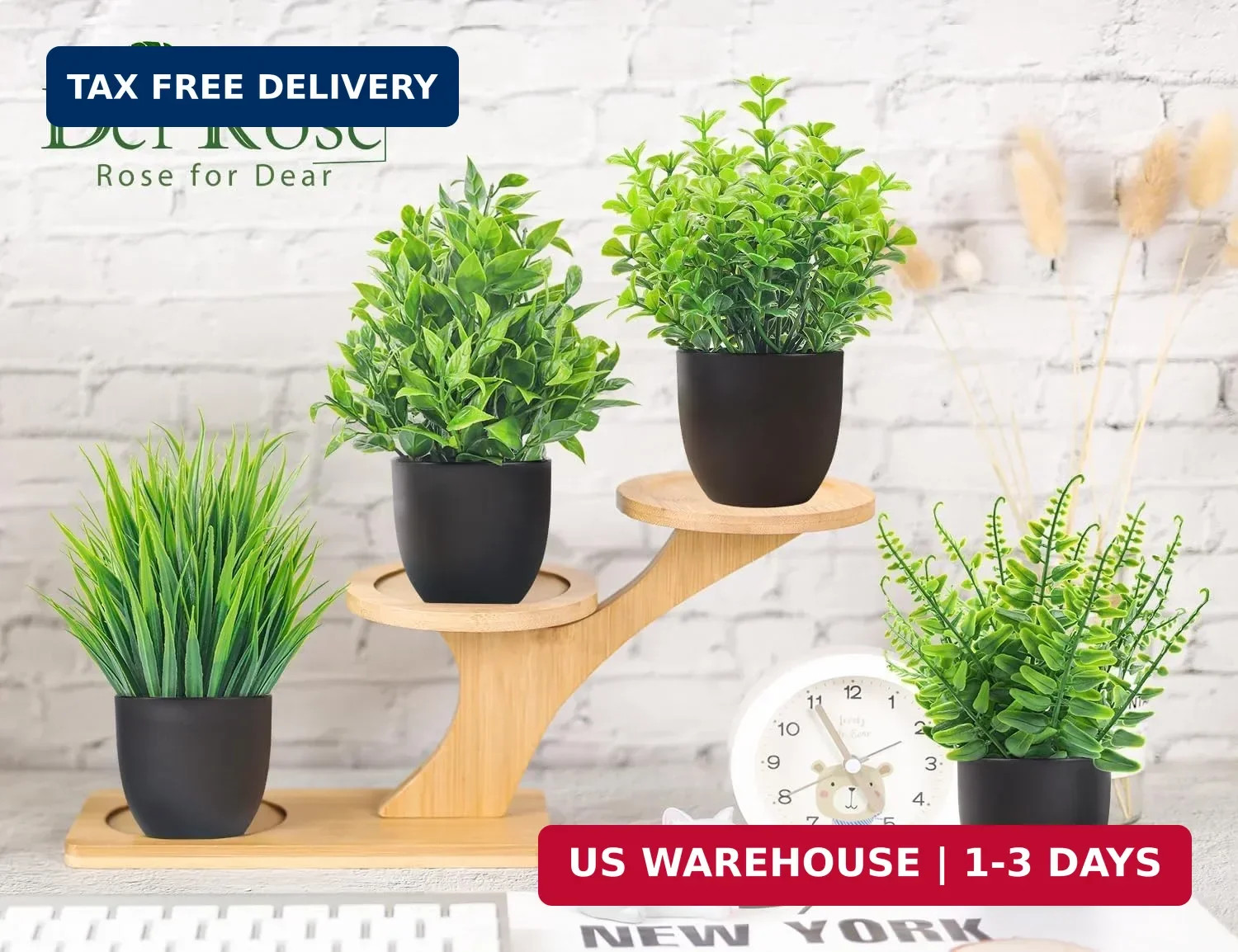 Der Rose 4 Pack Small Fake Plants in Black Pots, Bathroom Office Decor | No-wate