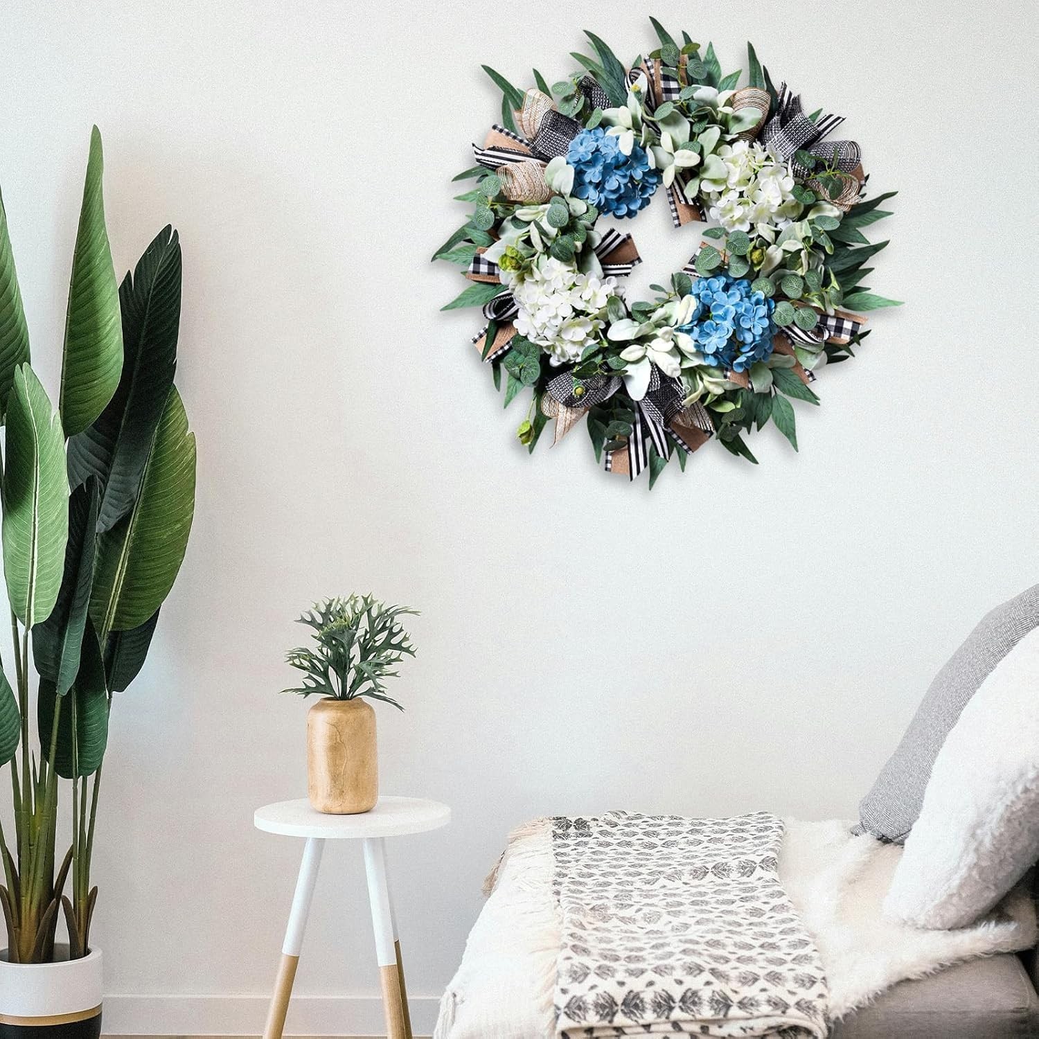 Farmhouse Hydrangea Wreath – -Round Spring Summer Decor