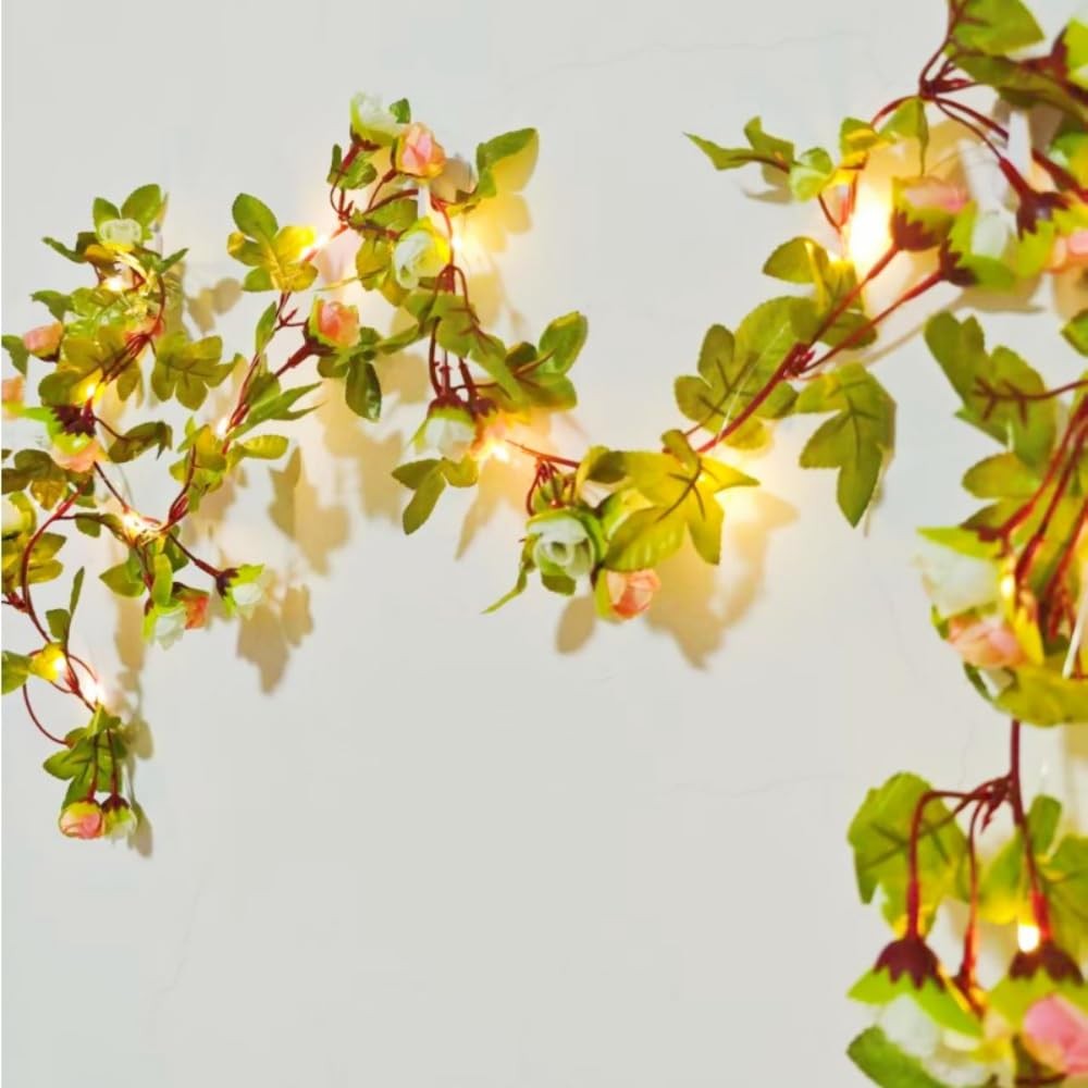 Artificial Rose Vine Garland Lights 20 LED 45 Flowers USB Operated Flower Gar…