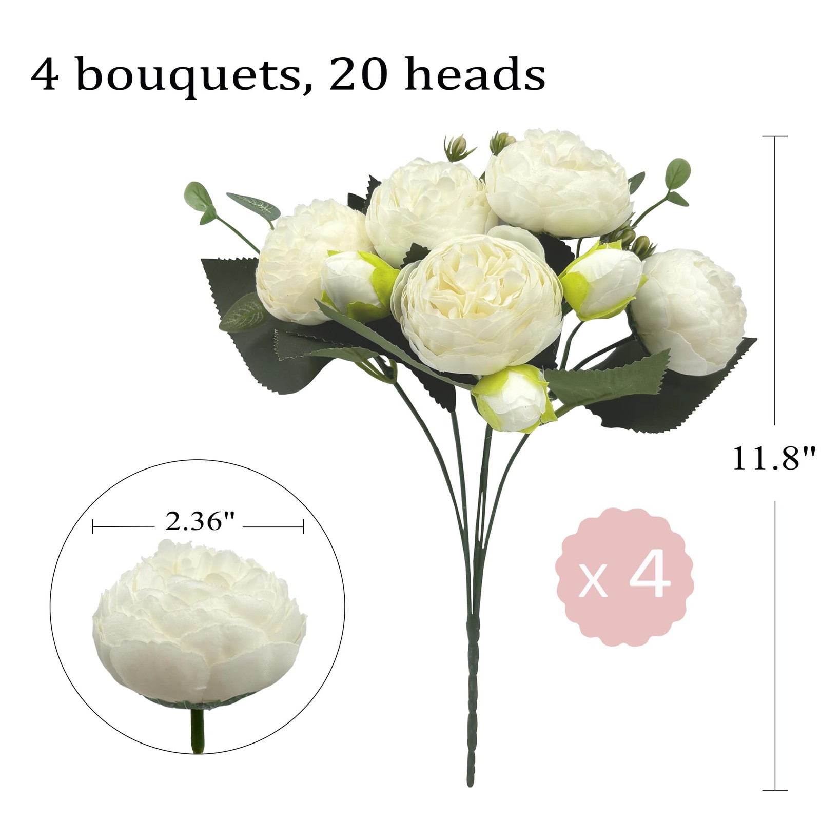 4 PCS Artificial Peony Flowers White Silk Fake Peony Bouquets For Wedding Decor