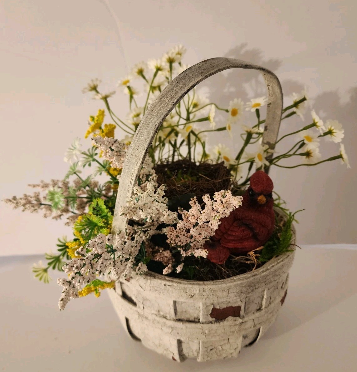 Artificial Bird Floral Arrangement In Crackled Apple Basket Summer Accent Piece