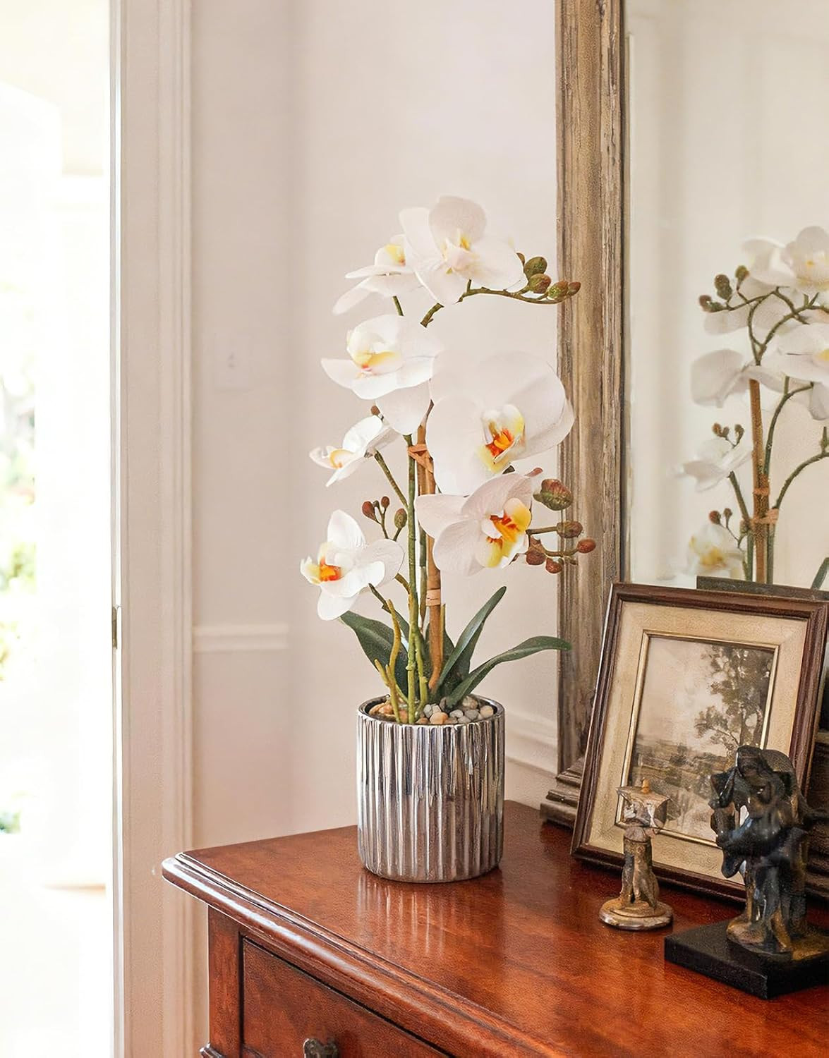 Realistic White Orchid Plant in Silver Vase – Elegant Home Decor Centerpiece