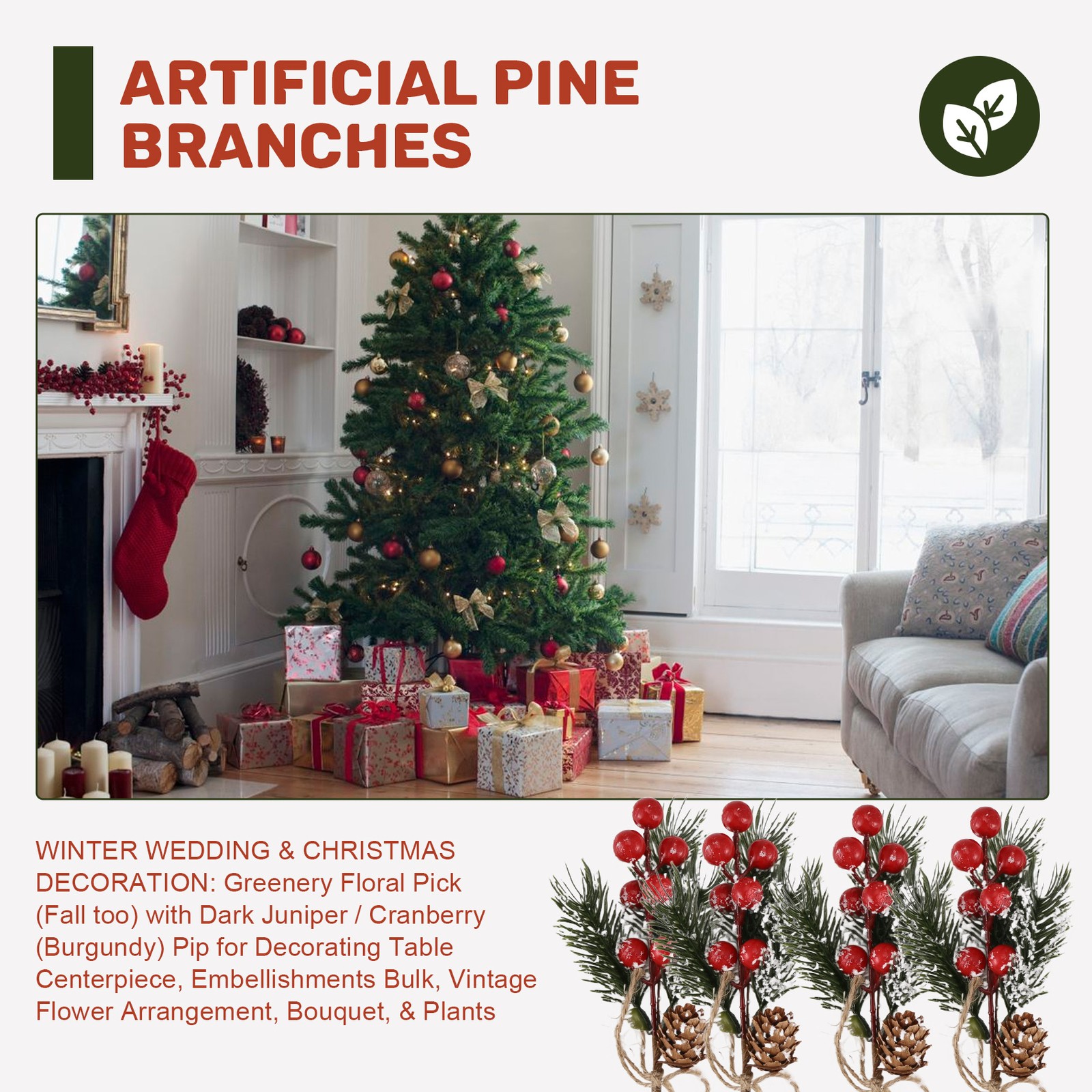 Red Berry Stems Pine Branches Evergreen Christmas Berries Decor 8 PCS7625