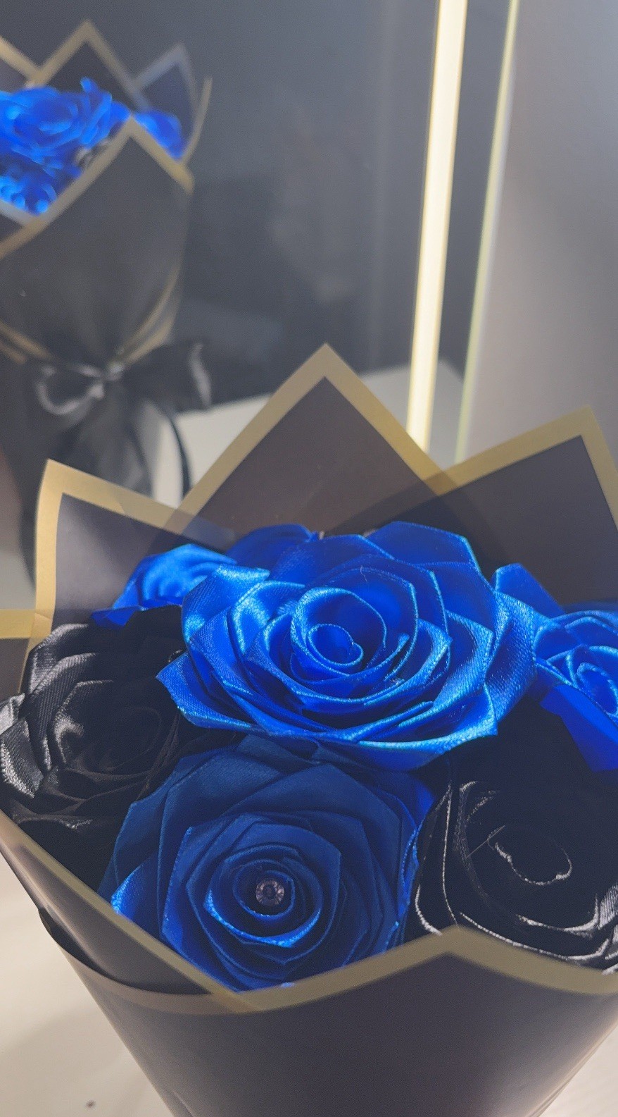 Blue and Black eternal ribbon rose bouquet