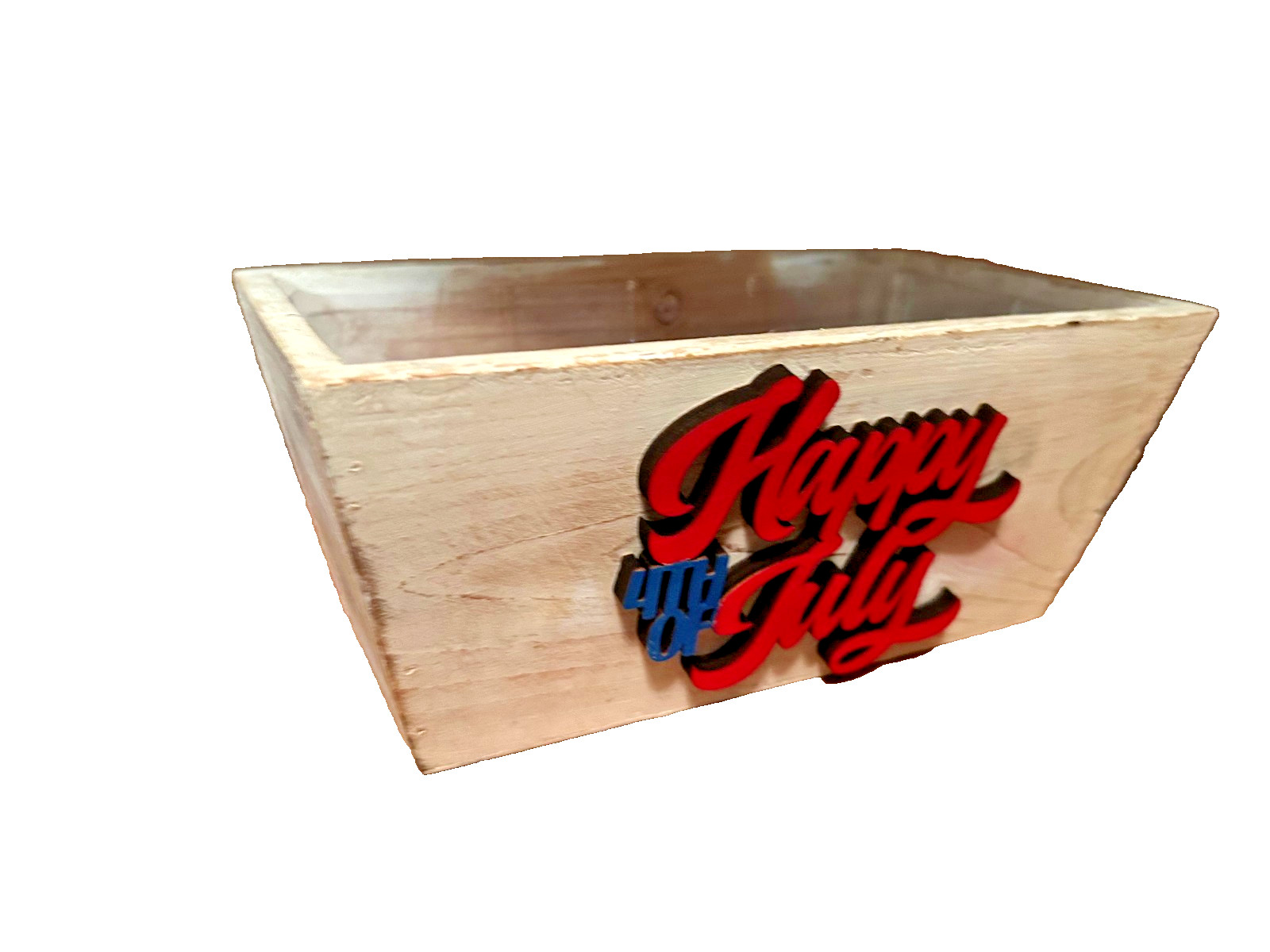 Happy 4th White Washed Wood Planter Box W/Plastic Liner 8″ x 4″ x 4″ no Plants