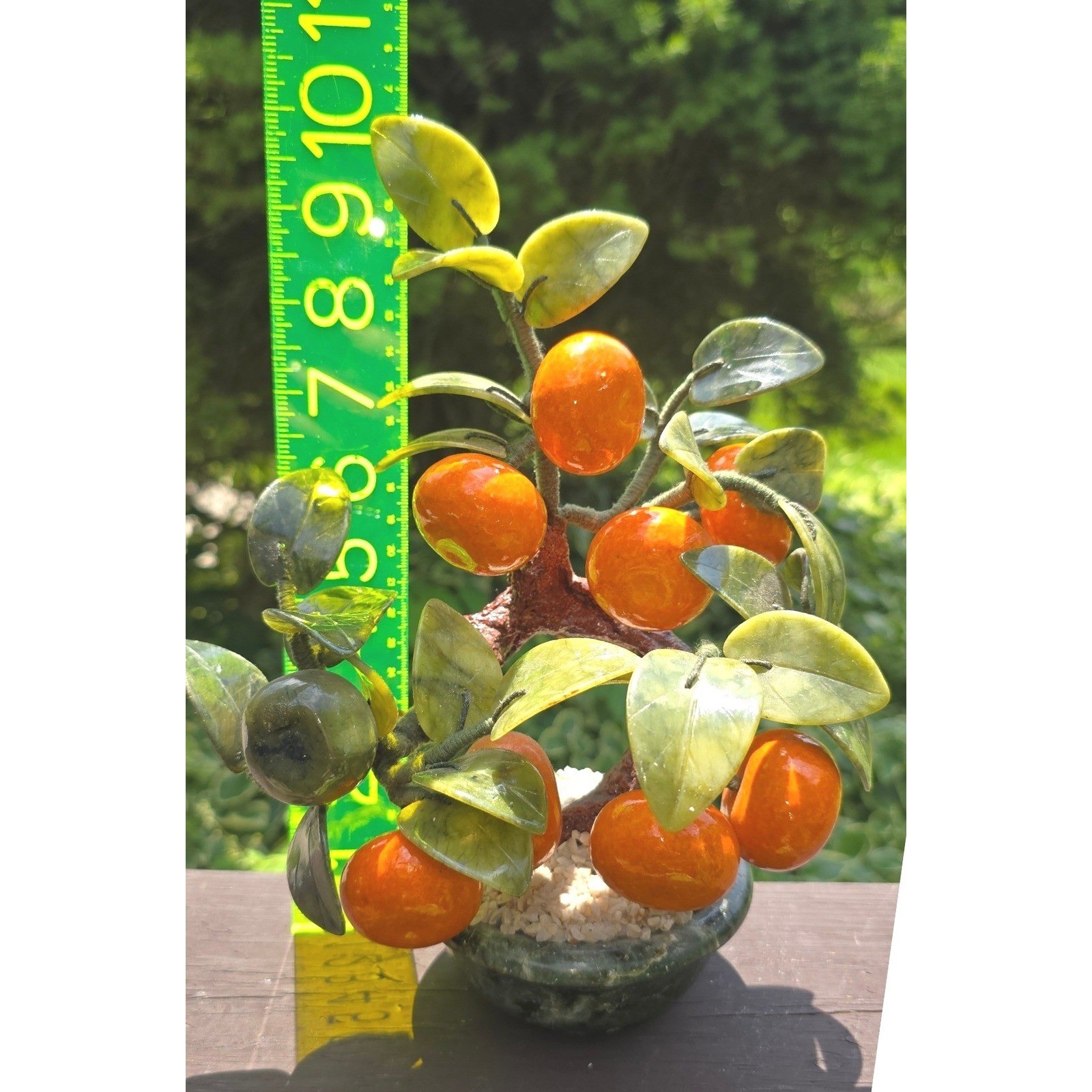 Vintage Chinese Glass Jade Agate Orange Persimmon Bonsai Tree Carved Pot