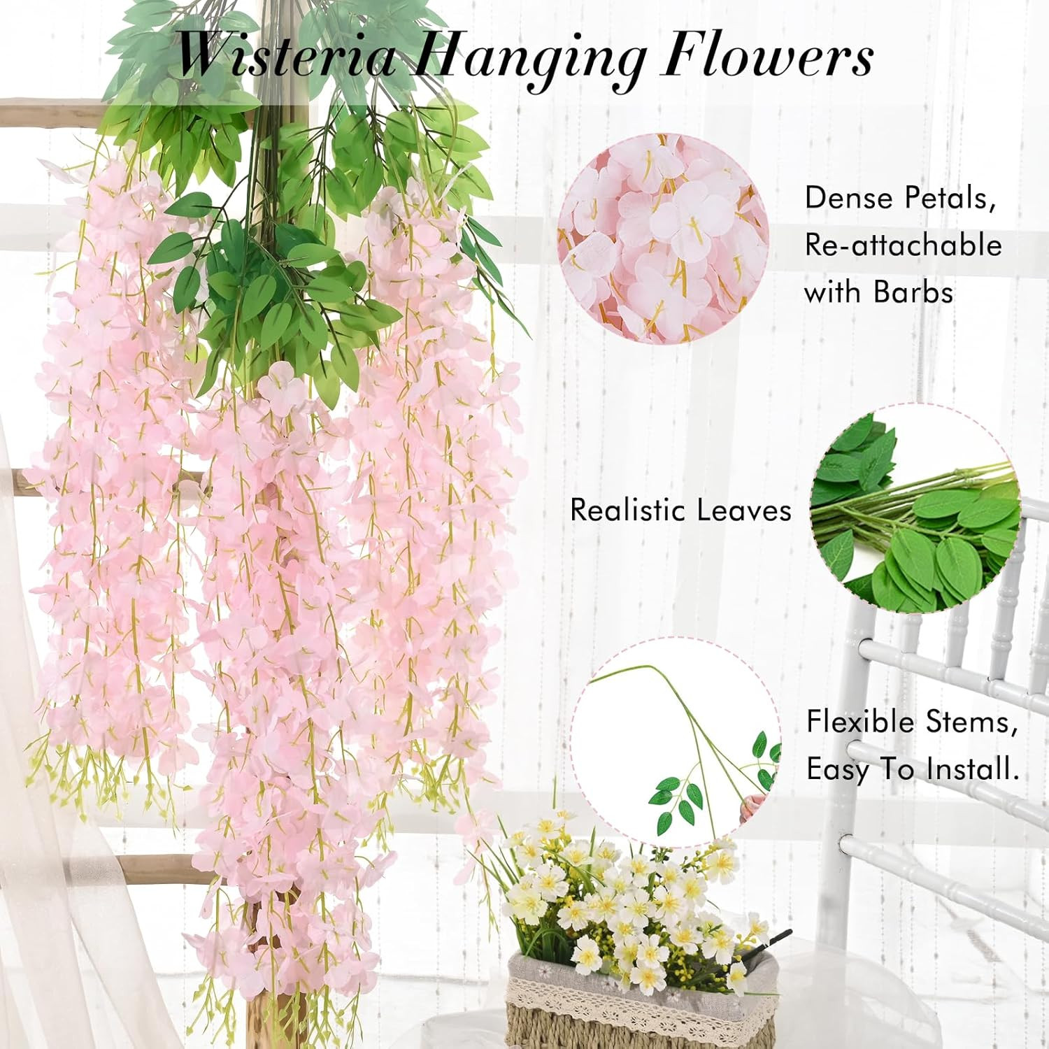 60 Pack Light Pink Wisteria Hanging Flowers for Home, Party, Wedding Decor