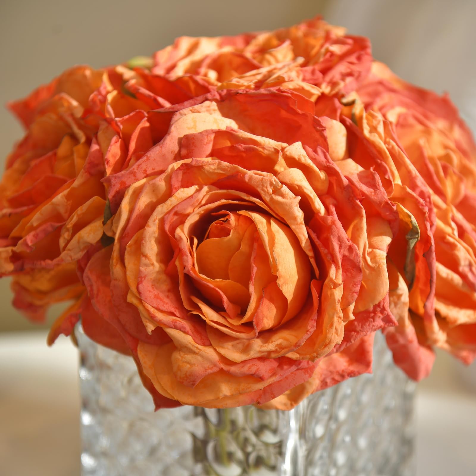 Artificial Rose in Glass Vase Vintage Silk Flower Arrangement with LED Light …