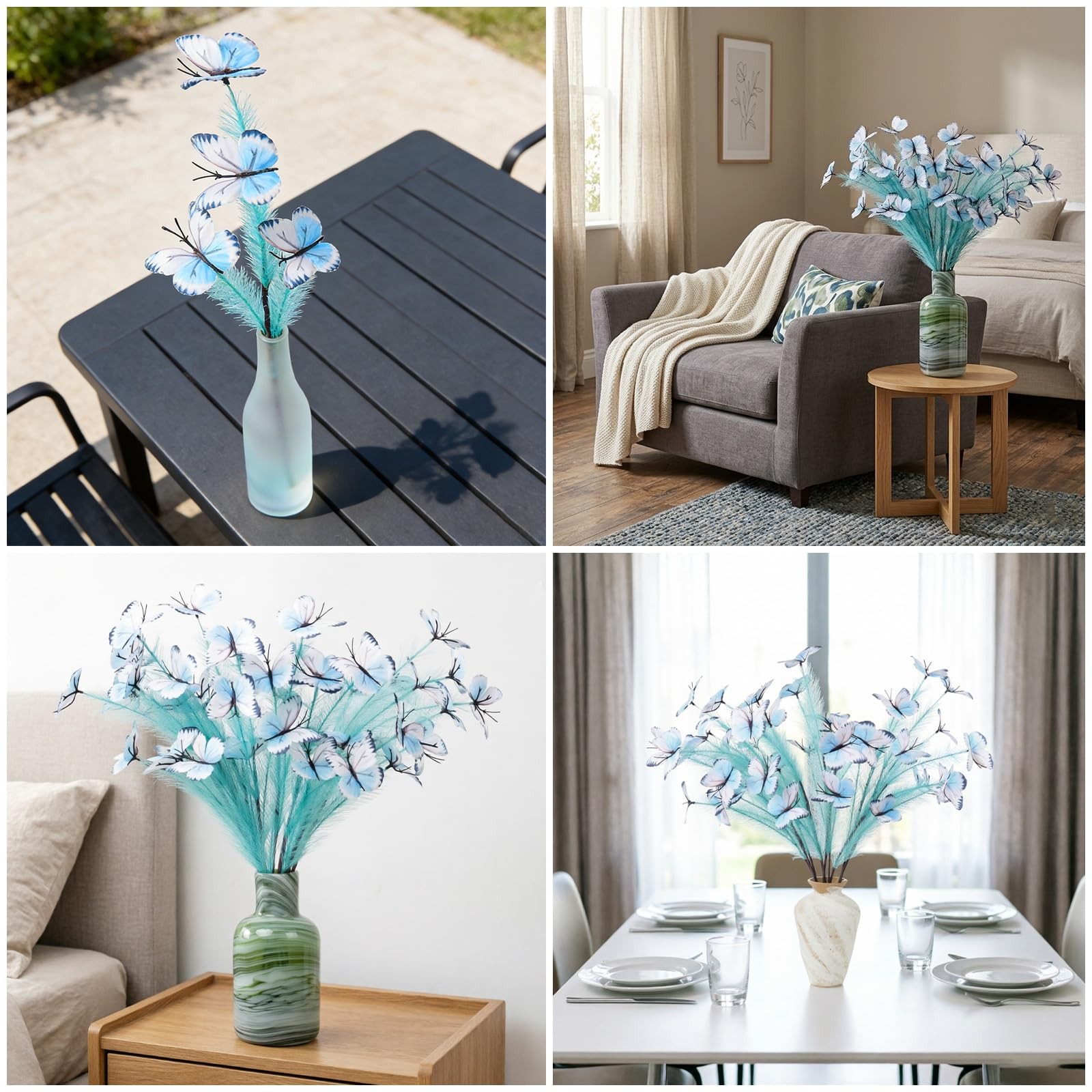 10 Stems Faux Pampas Grass with Butterfly Decorations, Lake Blue Tall Fluffy …