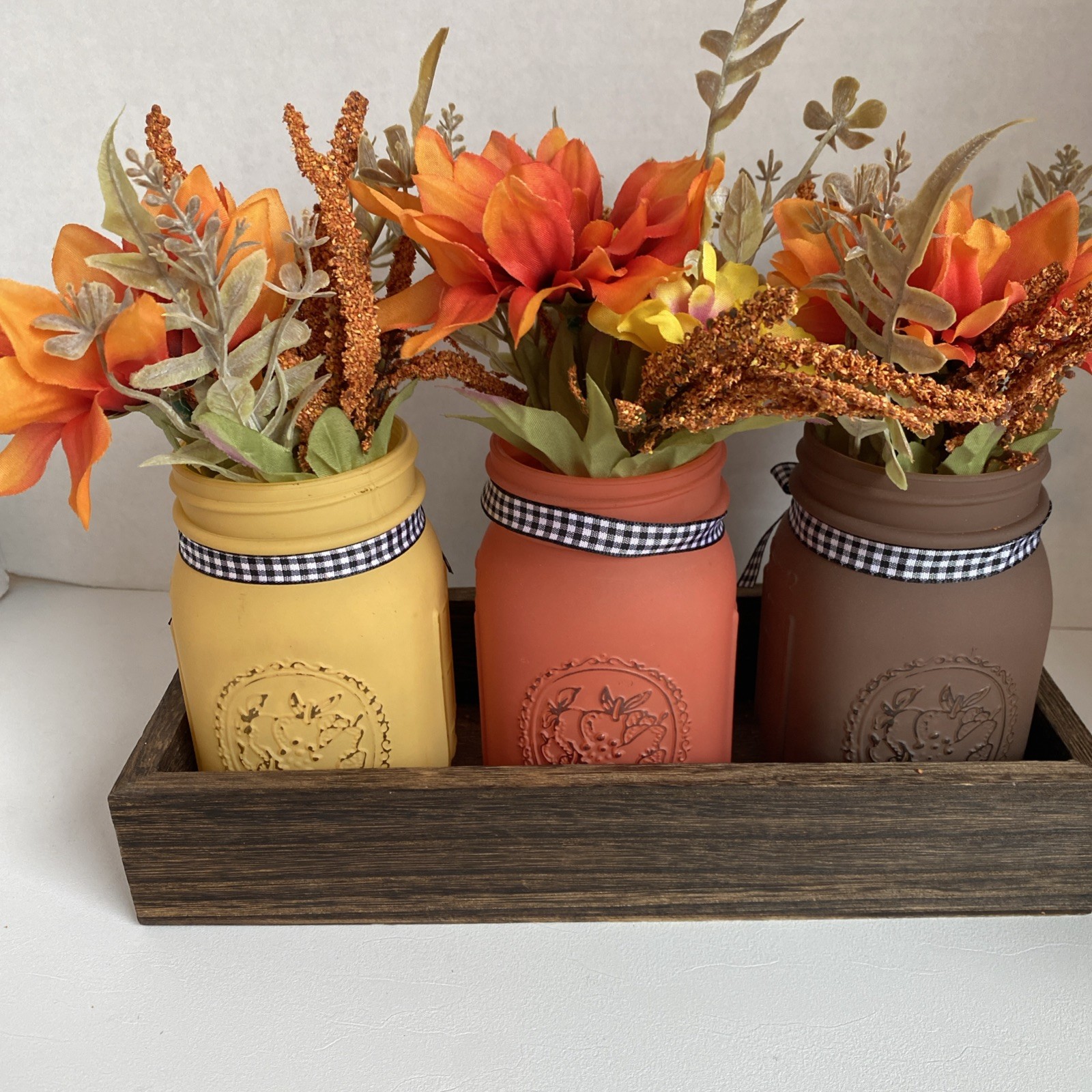Painted Mason Jars Floral Decor In Tray Light Weight Fall Colors Checked Bows