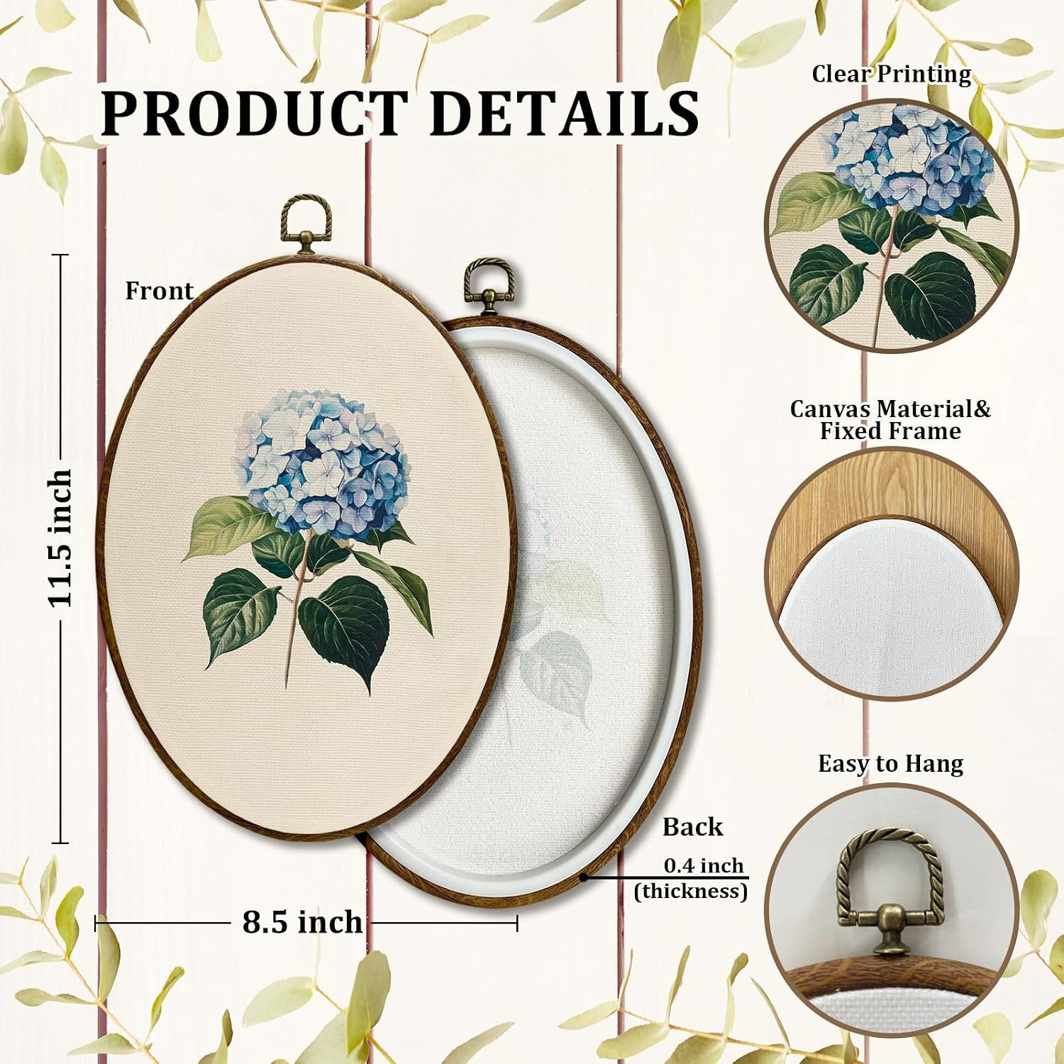 Vintage Blue Hydrangea Floral Oval Wall Decor, Cottagecore Hydrangea Flower Oval