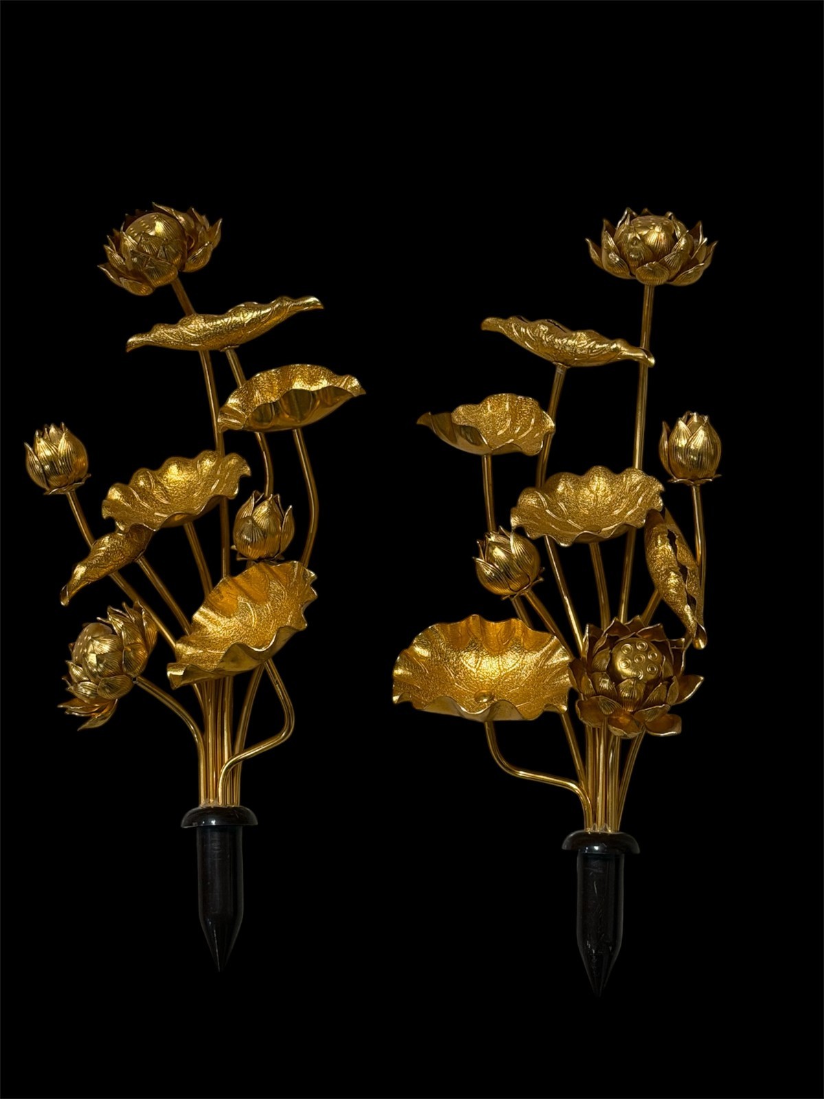 VTG Japanese Lotus Flowers decoration pair gold tone 12″ READ