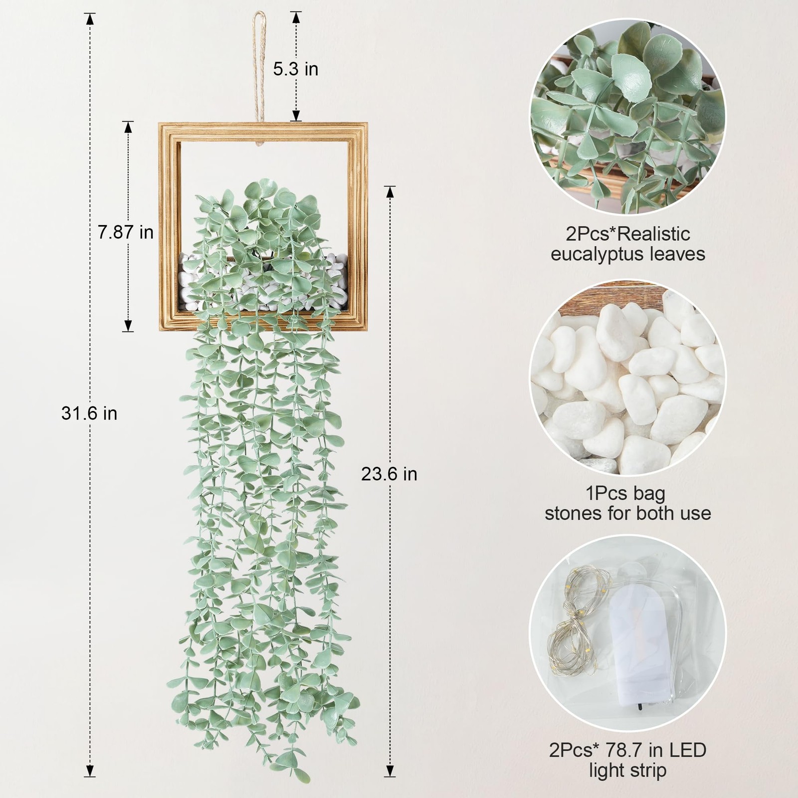 2 Pack Fake Plants Hanging, Artificial Eucalyptus Vines in Square Wooden Fram…