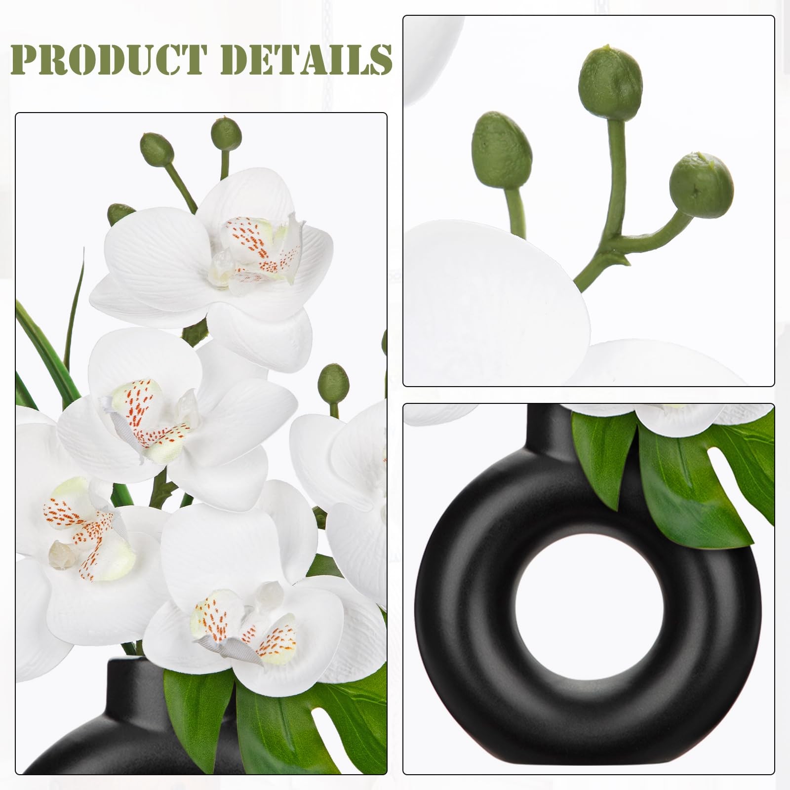2 PCS White Artificial Orchid Silk Flowers In Black Pot Home Table Centerpiece