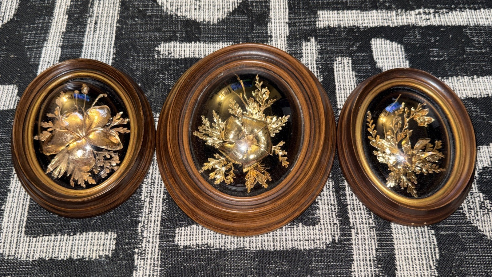 Flora Hawaii 24K Gold Encased Orchid Art Dome Glass WoodFrame VTG Set Of 3