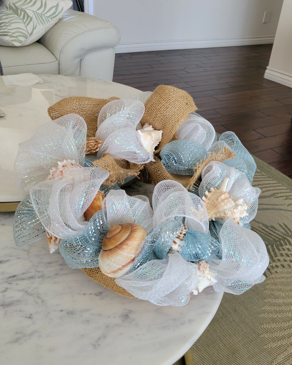 Beautiful Romantic shimmery ribbon SeaShell Wreath 16″ Coastal beach house decor