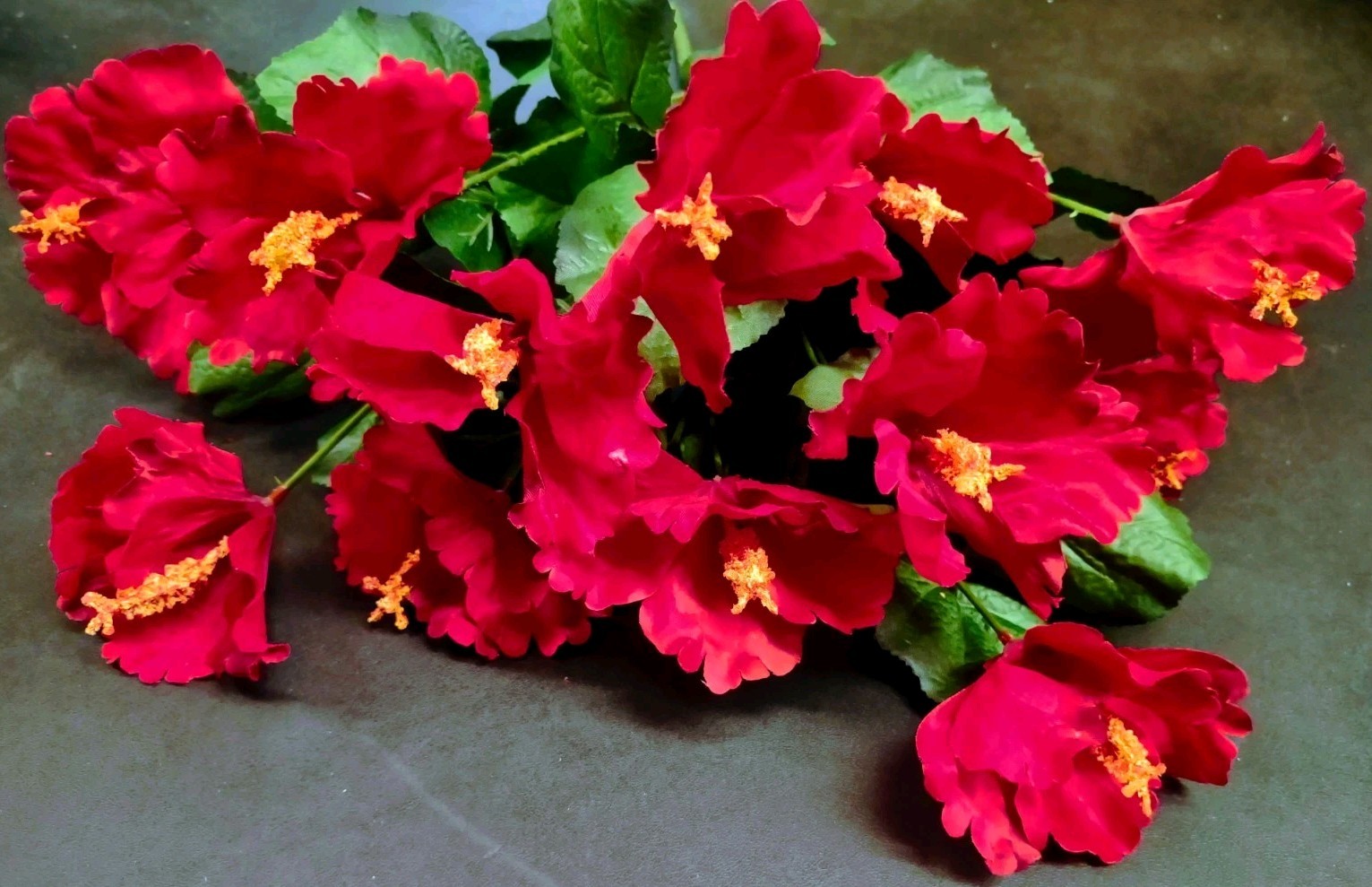 18″ Silk Hibiscus Bush, 12 Stems Red Flowers, Yellow Centers, Shiny Satin Finish