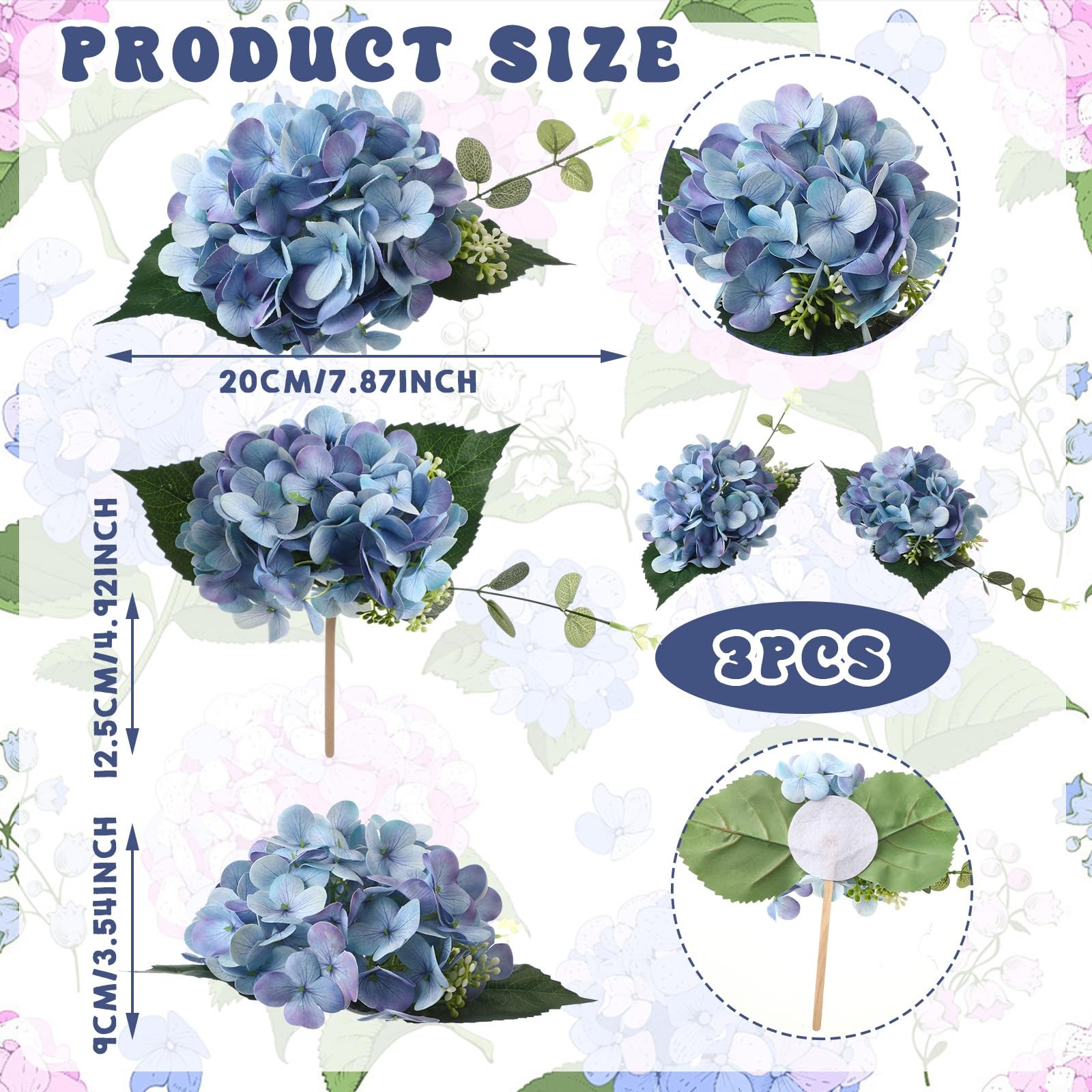 3 Pcs 7.87 Inches Pre-Made Blue Hydrangea Cake Toppers, Faux Flowers Decor fo…