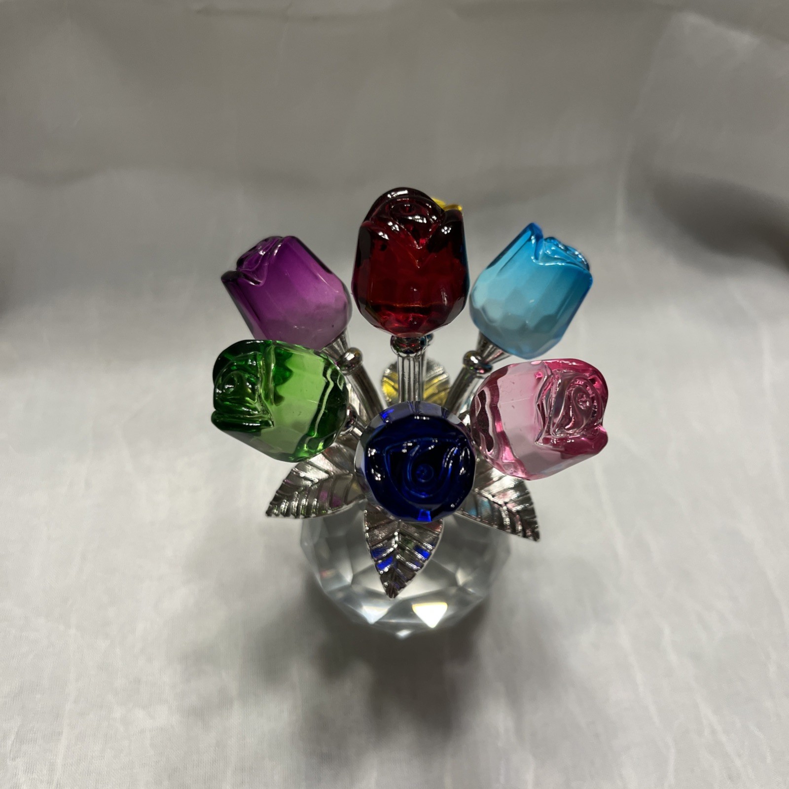 Colorful Rose Flower Crystal Figurines with Vase, Bouquet Flowers Ornament