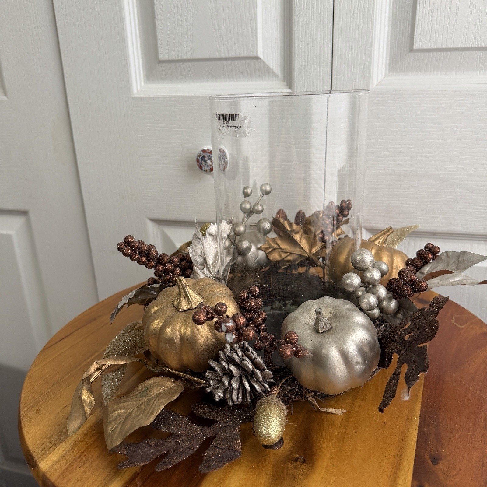 Faux Floral Pumpkin Clear Glass Vase Fall Centerpiece Thanksgiving Dining Table