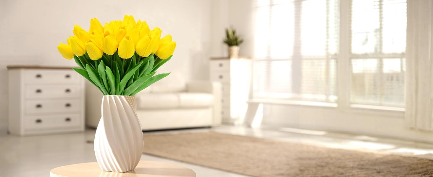 12pcs Yellow Tulips Artificial Flowers, 13.4″ PU Flowers Fake Tulips for Spring