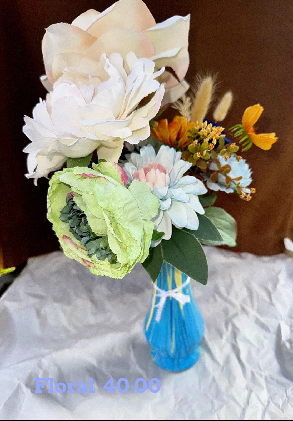 Handmade Multicolor Rose Flower Arrangement & Centerpiece Blue yellow Swirl Vase