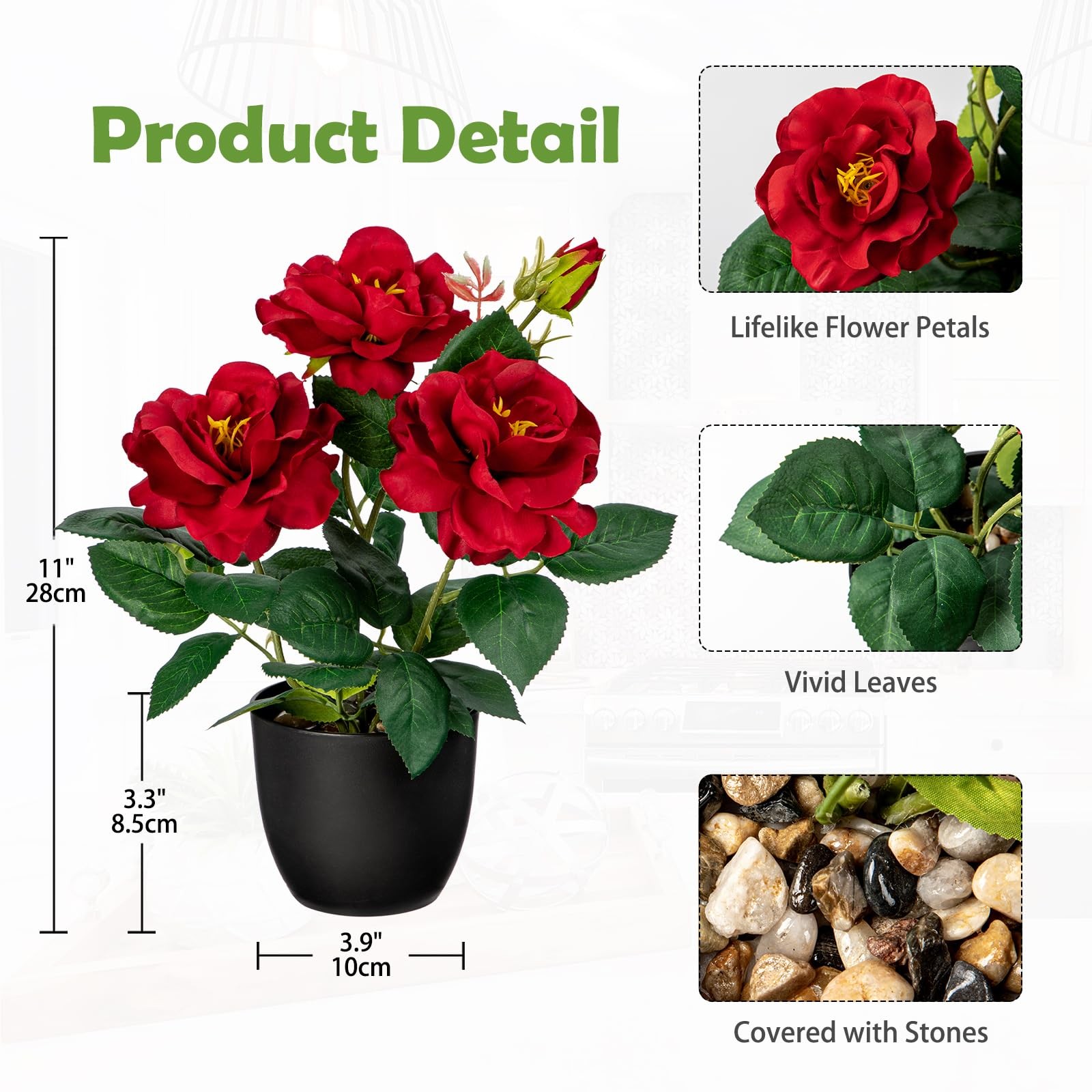 Artificial Plant Flower Red Rose Small Potted Faux Silk Black Pot 11 Inch Deco