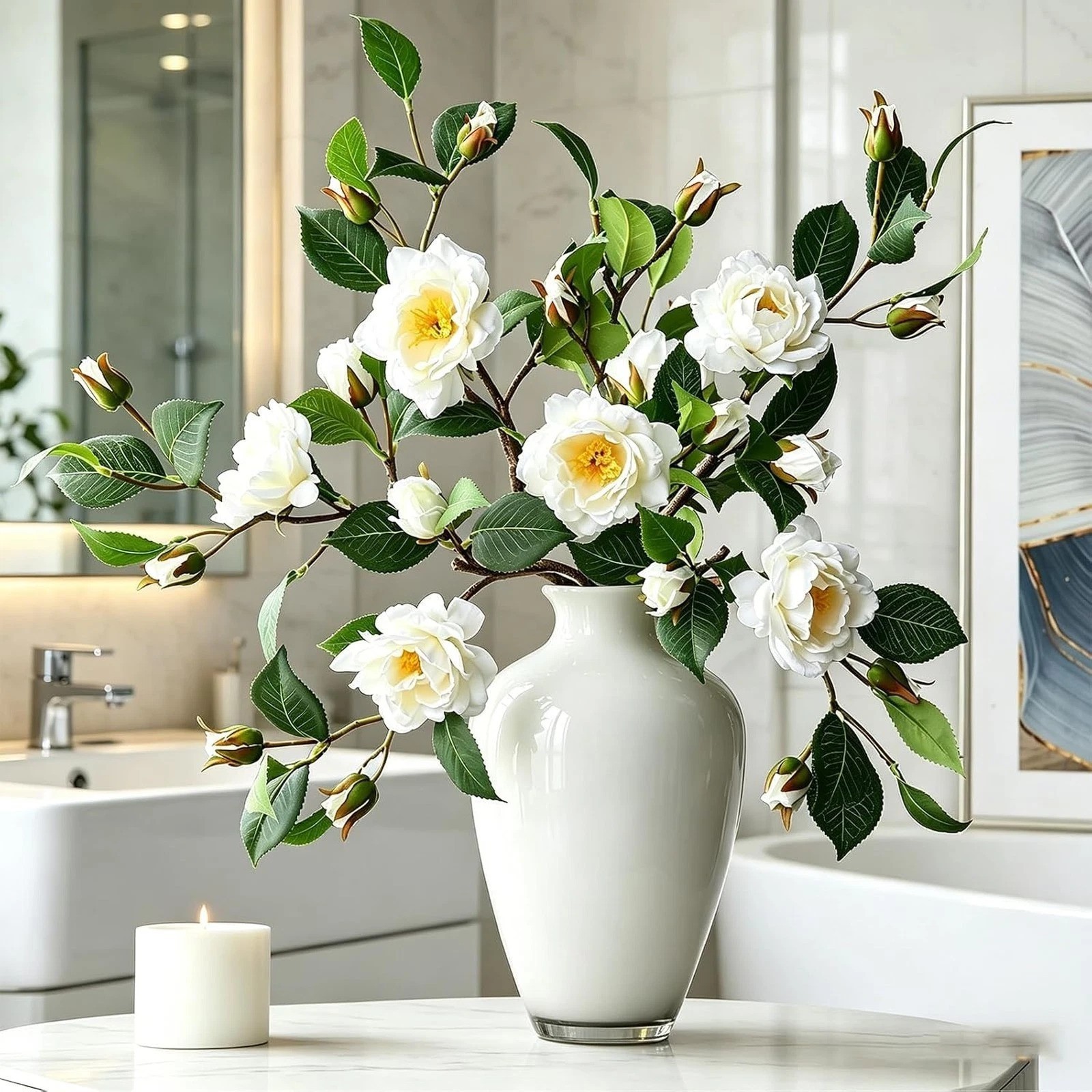 Artificial Camellia Flower Stems for Vase Decoration Faux Silk White Indoor