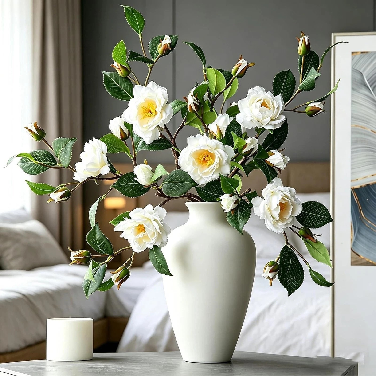 Artificial Camellia Flower Stems for Vase Decoration Faux Silk White Indoor