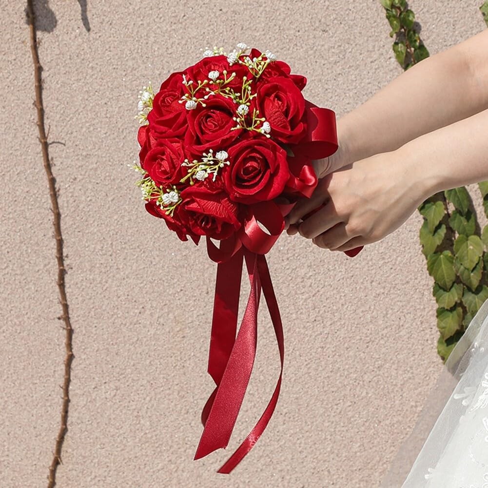 Red Rose Bouquet Bride Artificial Silk HandHeld Wedding Party Decor