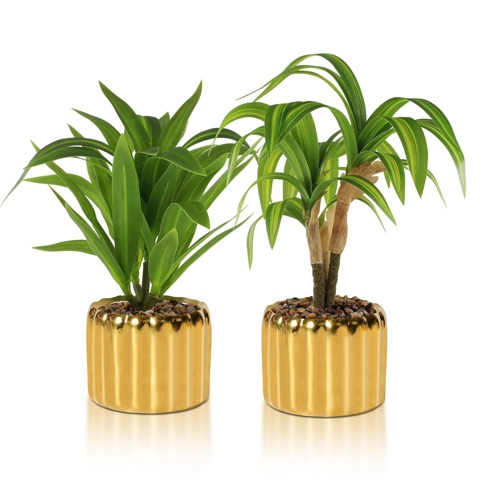 2 Pcs Artificial Dracaena Plant Golden Ceramic Pot Realistic Textured Faux Pl…