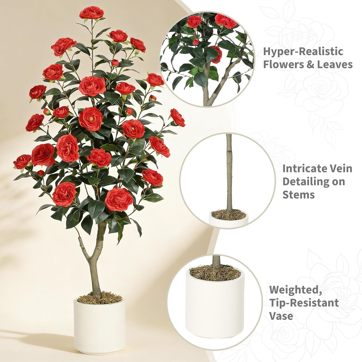 5FT Realistic Silk Camellia Tree – Indoor/Outdoor Decor, Zero Maintenance