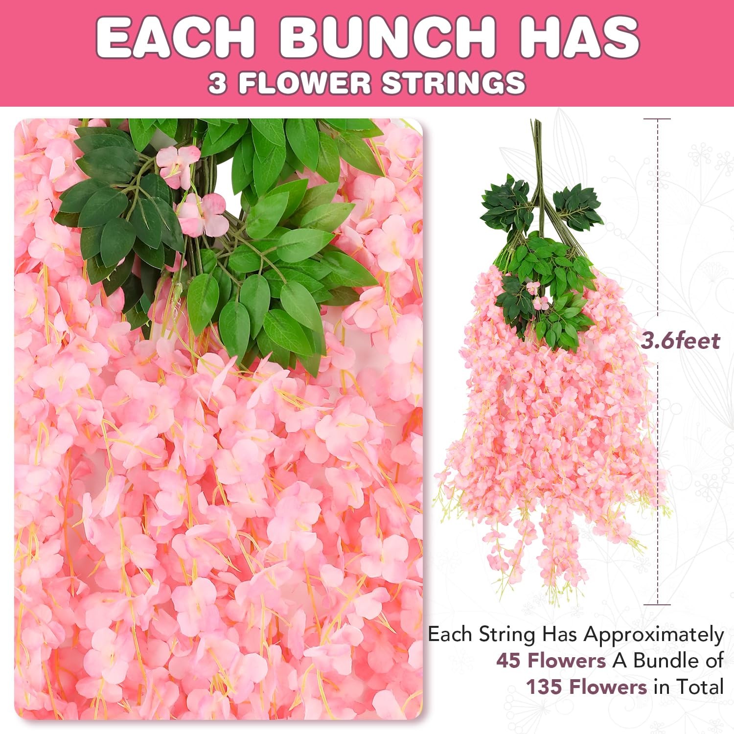 12 Pack Pink Silk Wisteria Hanging Flowers 3.6 Ft Garland Wedding Arch Decor