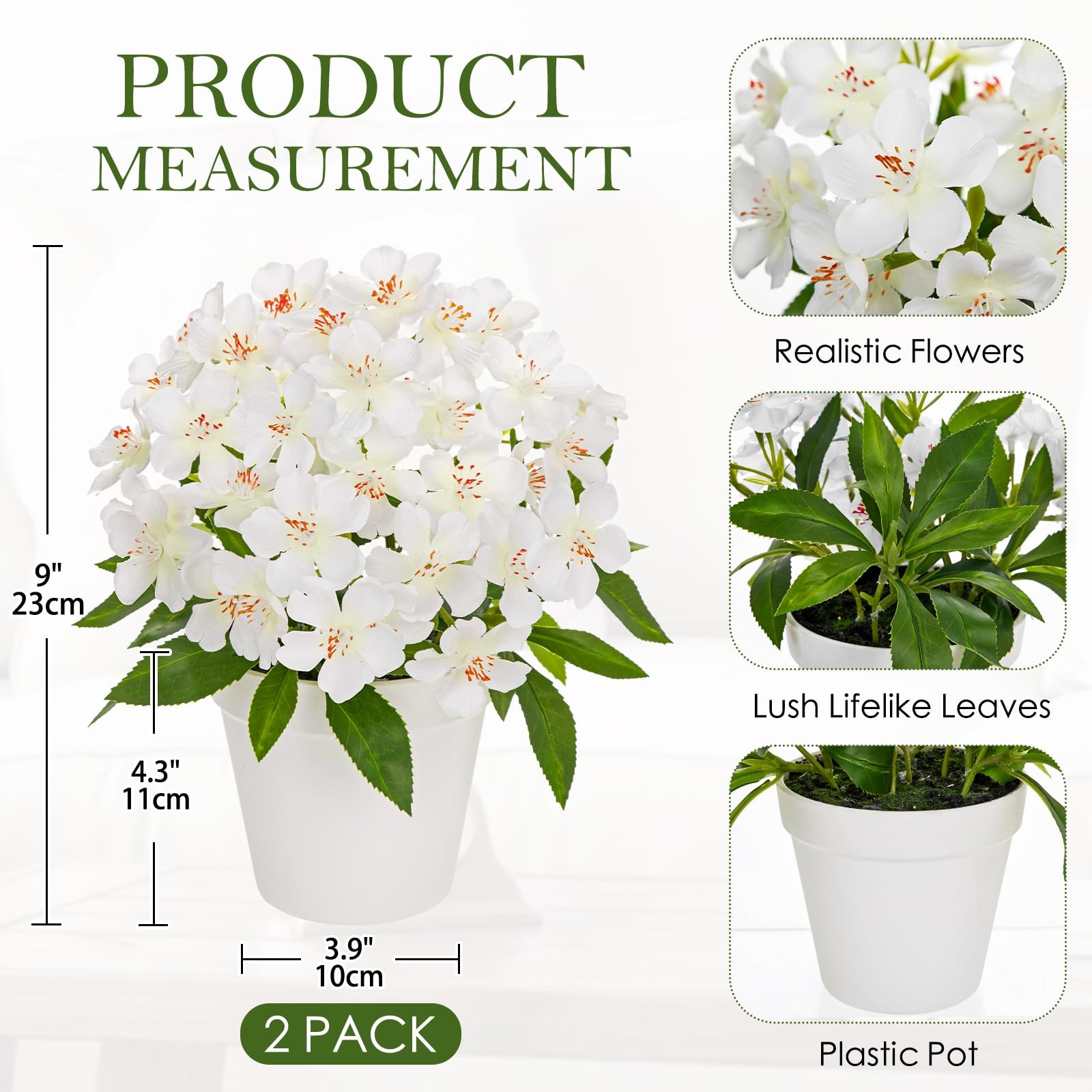 2PCS Artificial Flowers in Pot, White Faux Silk Flower Plants Spring Decorati…