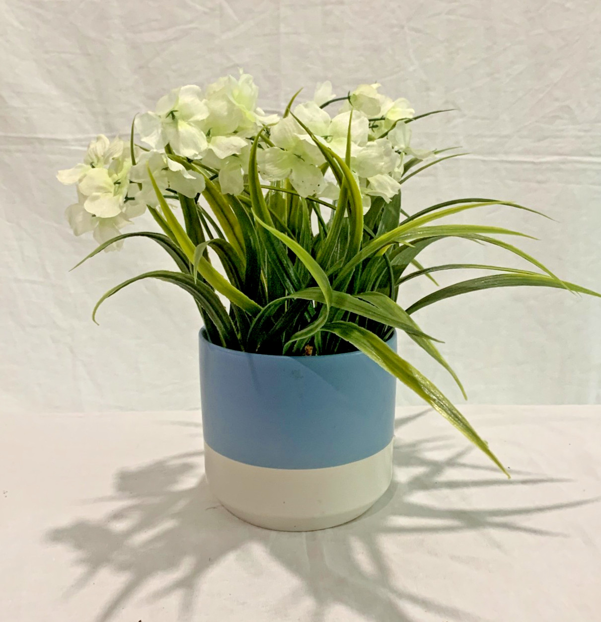 Artificial White Flowers Faux Plant 10″ Blue White Two Tone Ceramic Pot Centerpi
