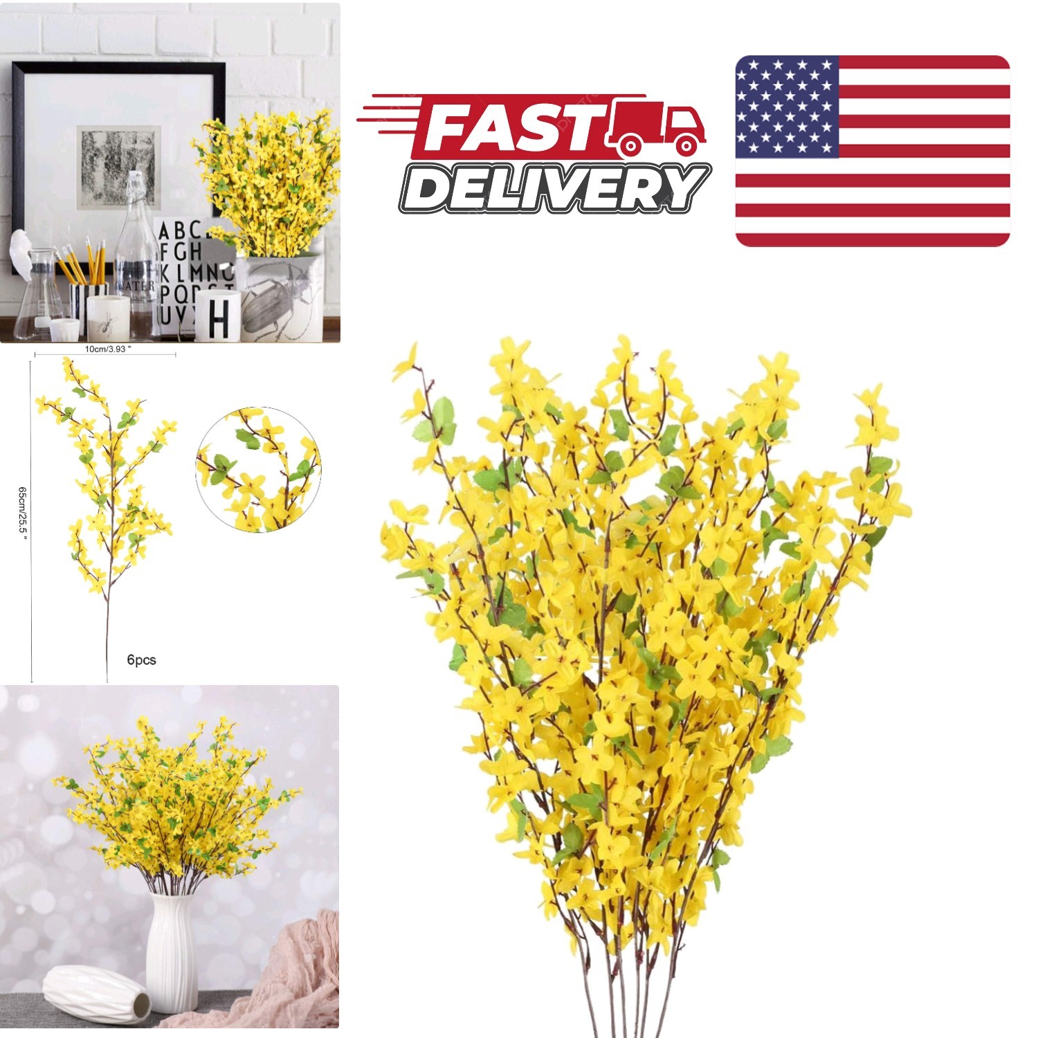 Silk Yellow Faux Flowers 6 Pcs 25.5 Inch Perfect for Bouquets and Arrangements