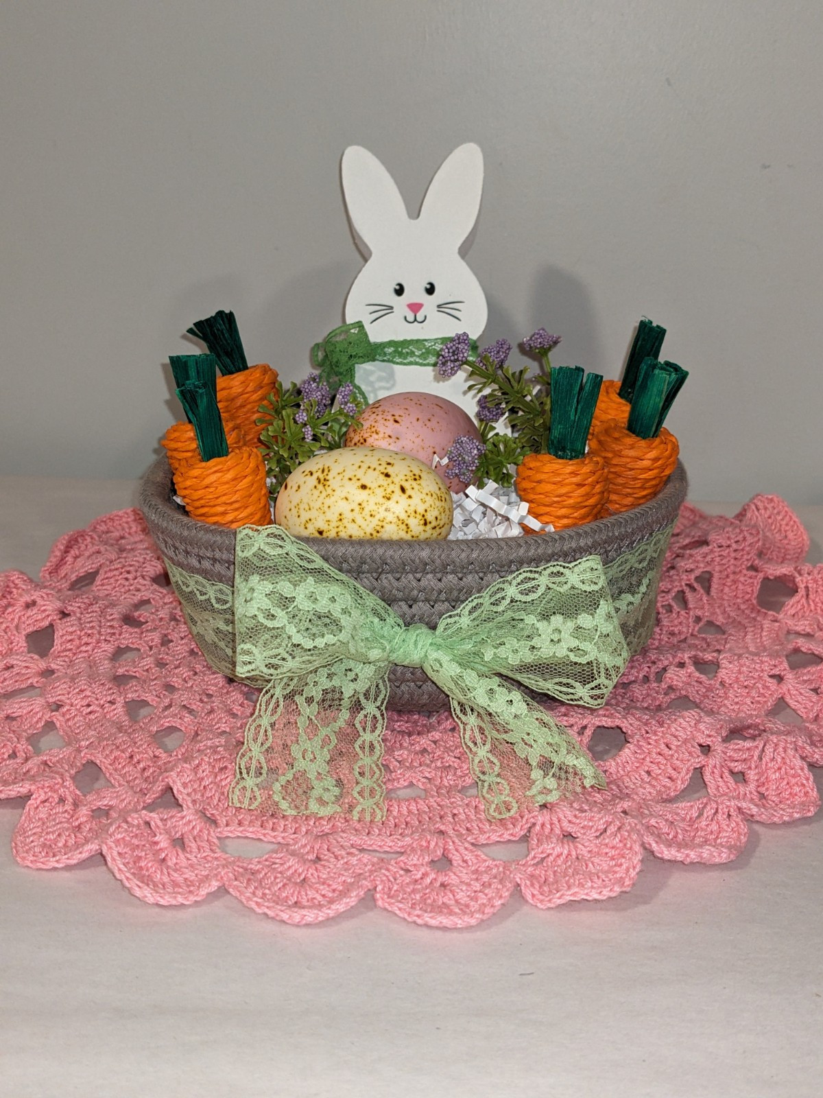 Easter Bunny Eggs Carrots Rope Basket Decor~Floral Arrangement Vingette